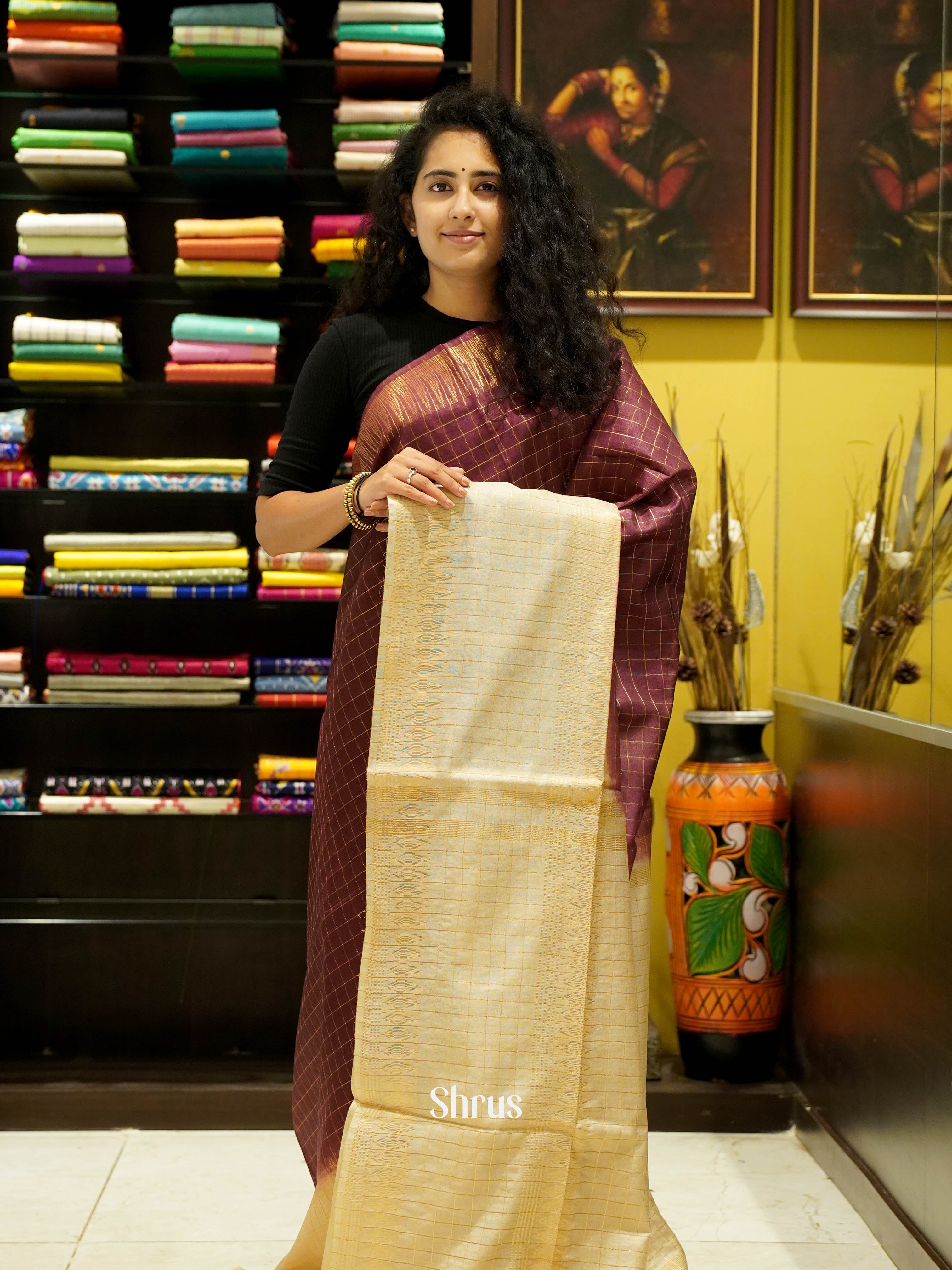 Brown & Beige - Semi Tussar Saree - Shop on ShrusEternity.com
