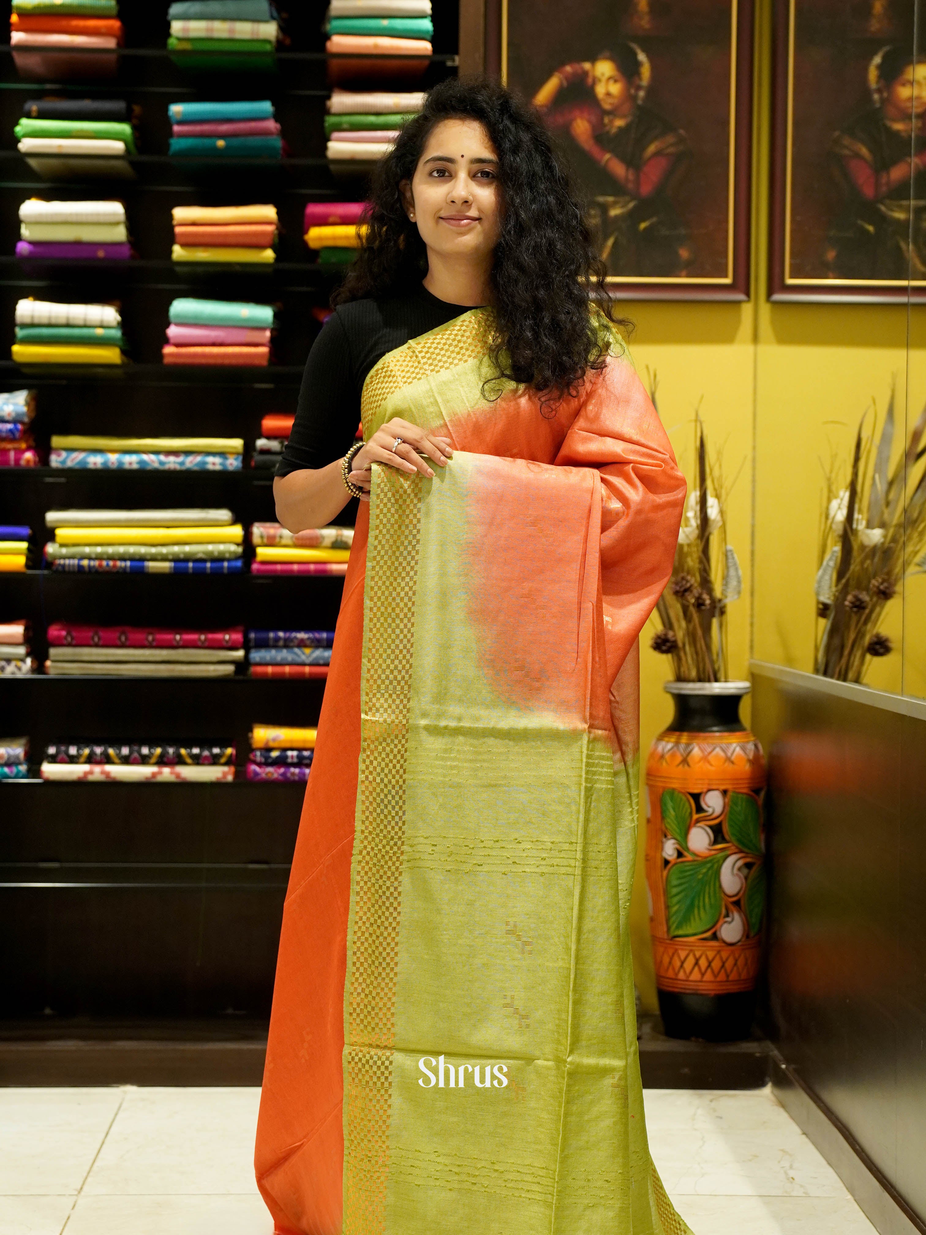 Pink & Green - Semi Tussar Saree - Shop on ShrusEternity.com