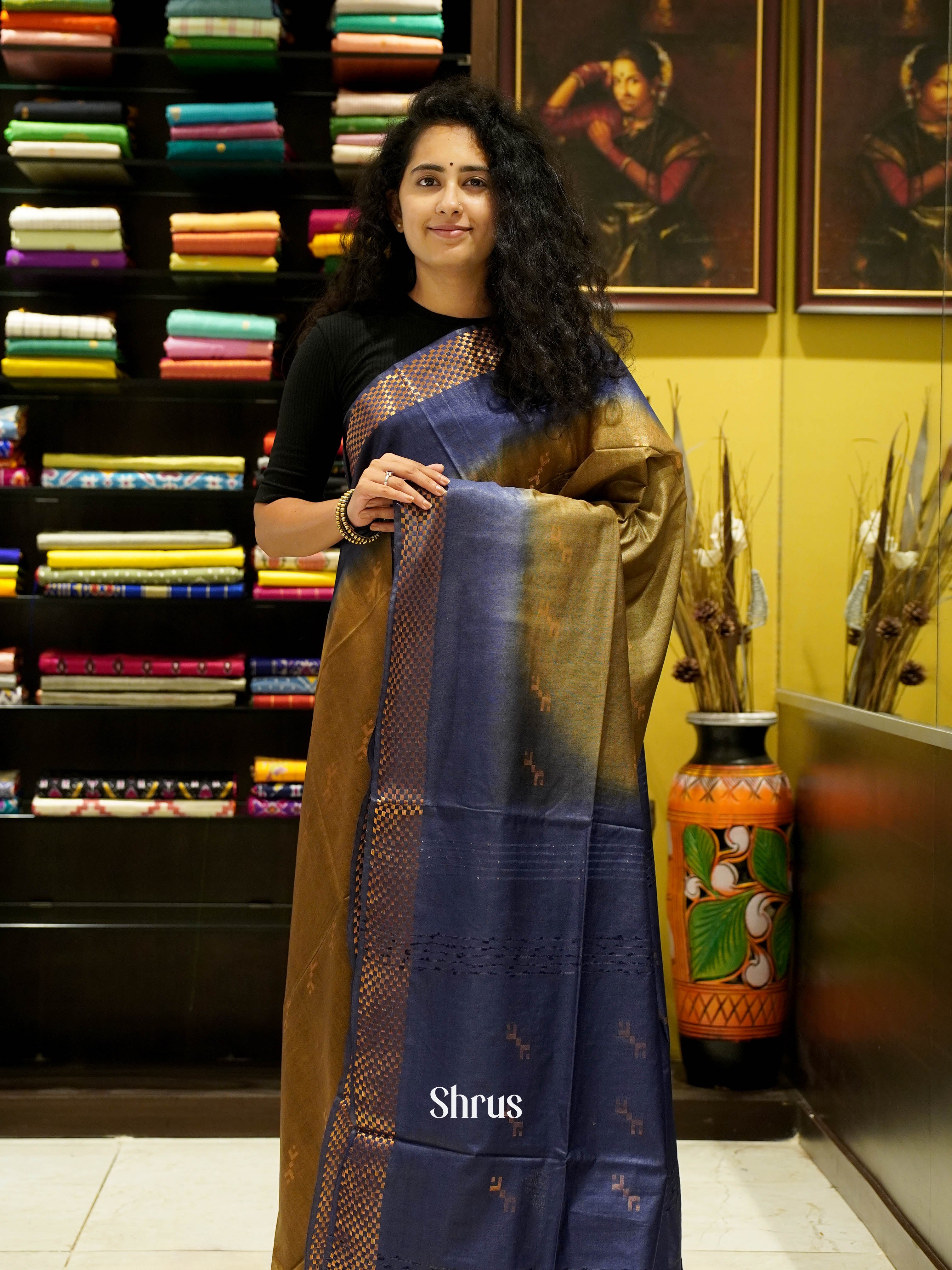 Mehandi Green & Blue - Semi Tussar Saree - Shop on ShrusEternity.com