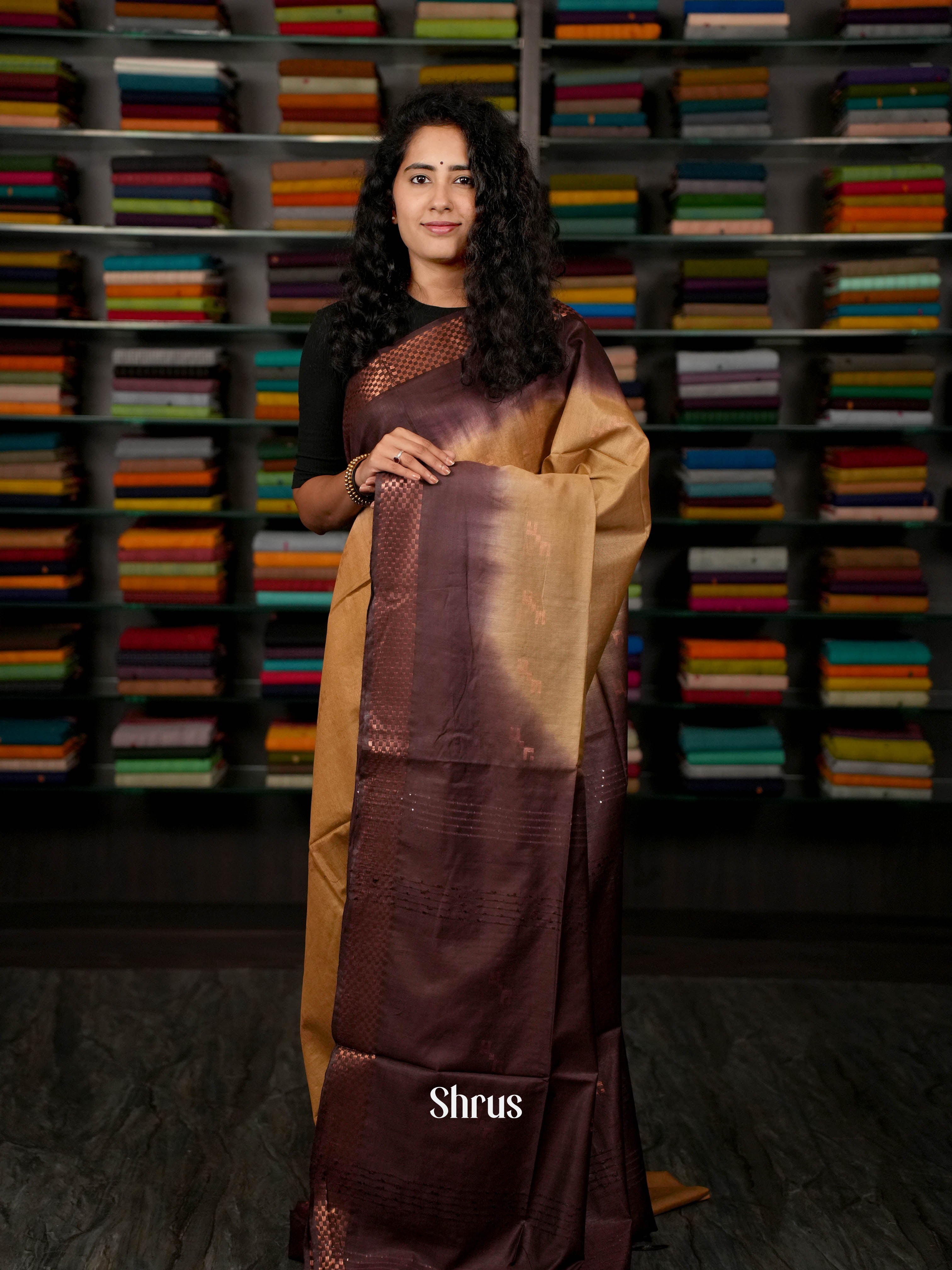 Lite & Dark Brown - Semi Tussar Saree - Shop on ShrusEternity.com