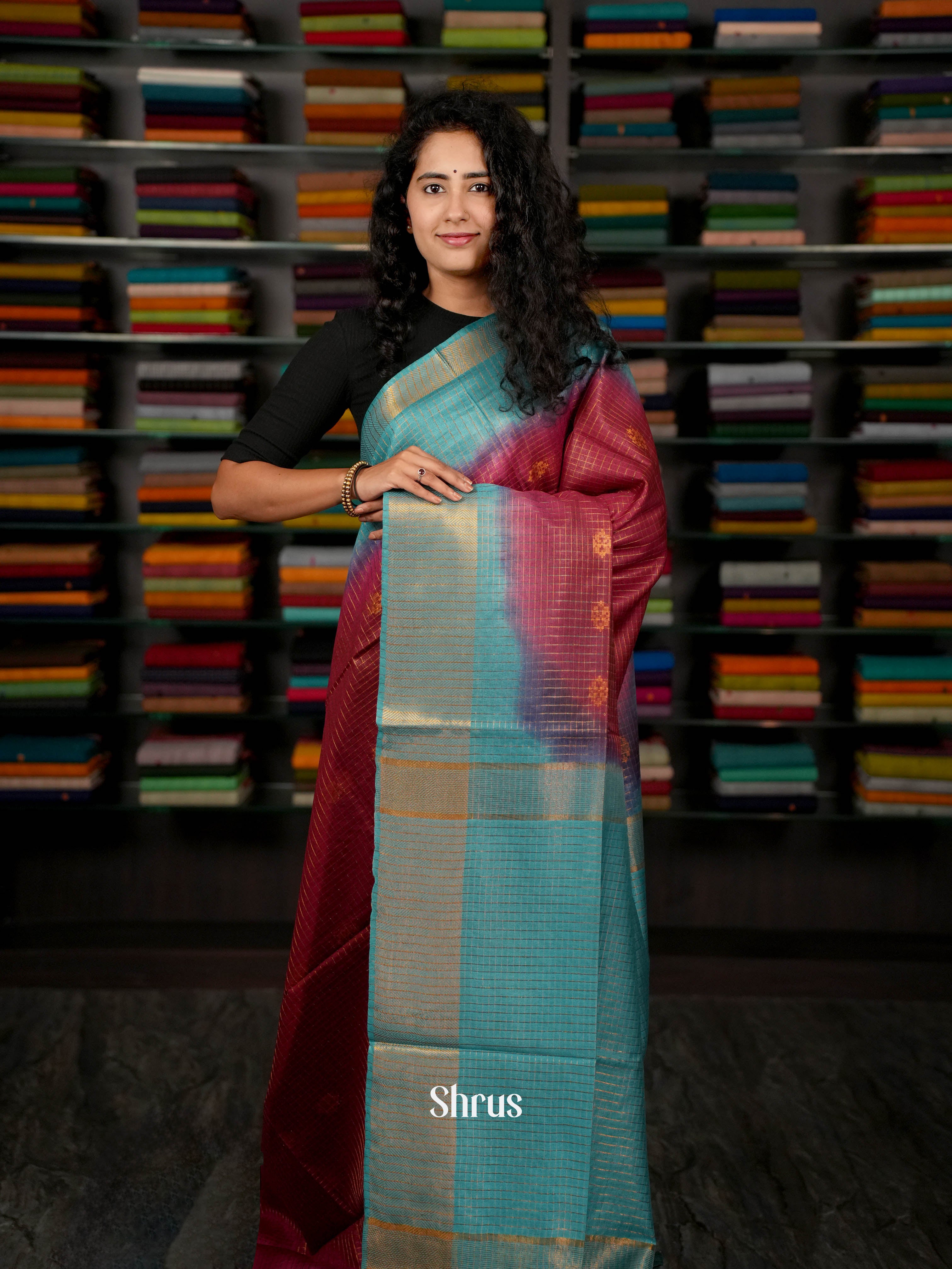 Maroon & Teal - Semi Tussar Saree - Shop on ShrusEternity.com