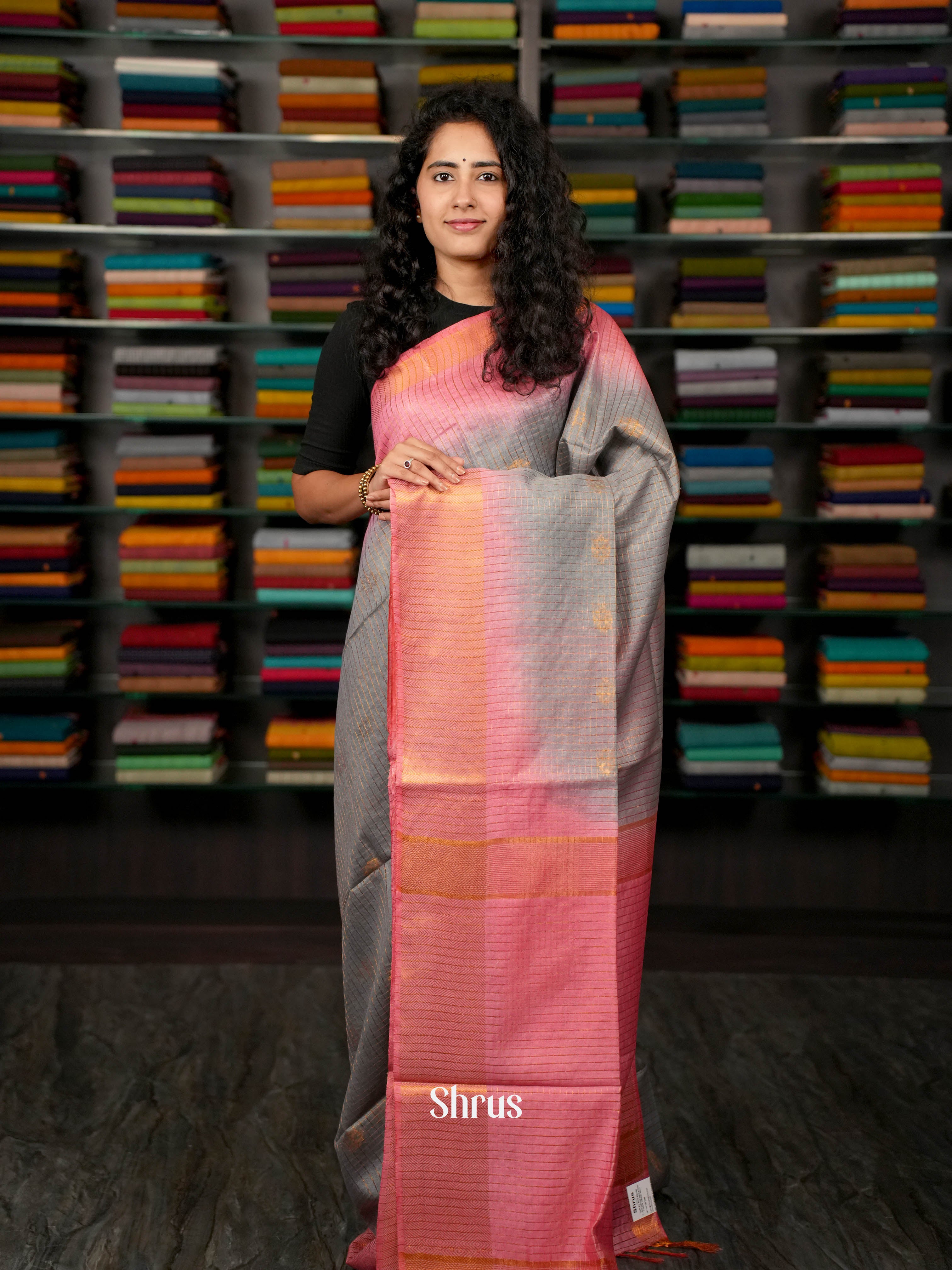 Grey & Pink - Semi Tussar Saree - Shop on ShrusEternity.com
