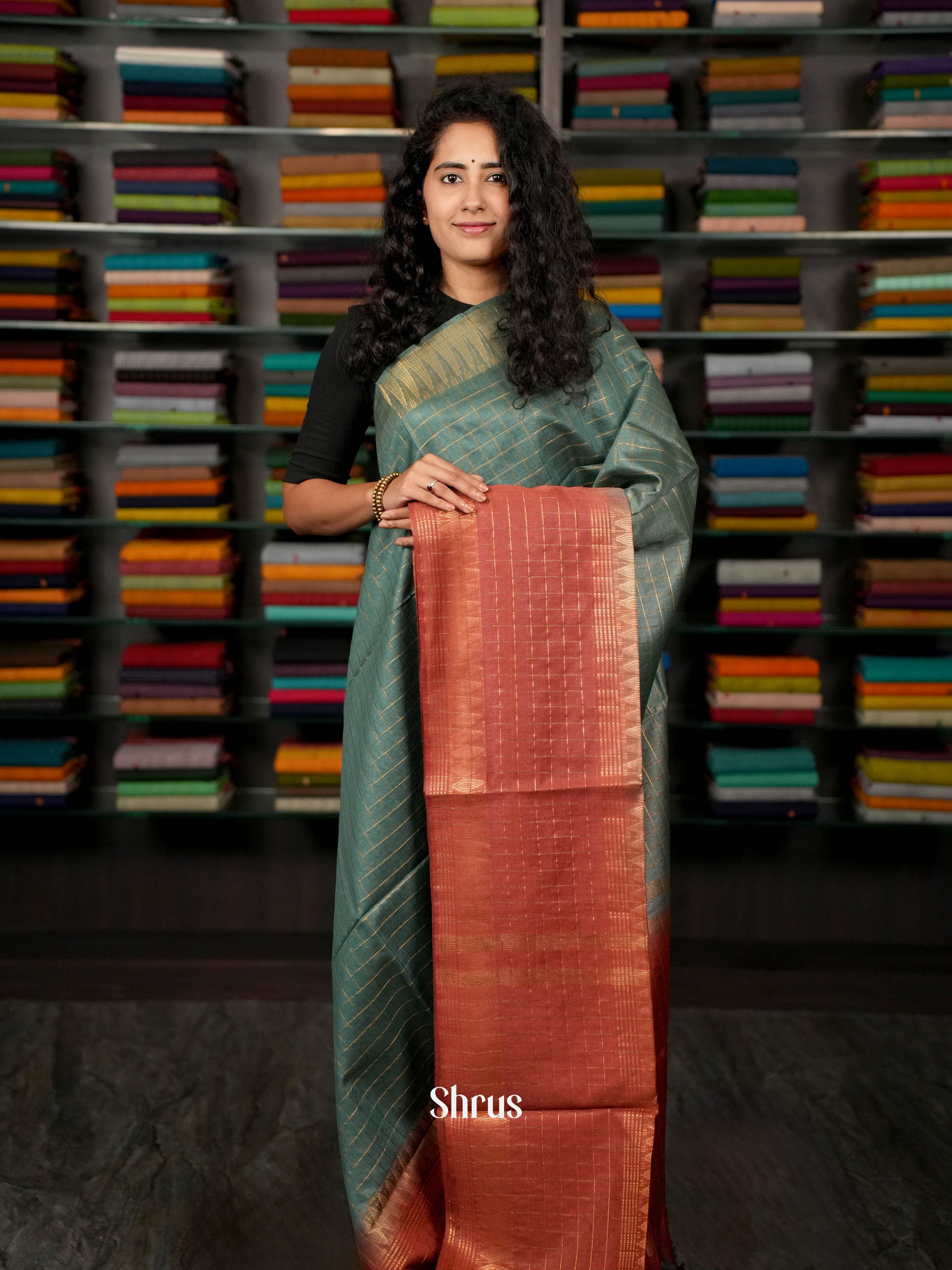 Greenish Blue & Maroon - Semi Tussar Saree - Shop on ShrusEternity.com