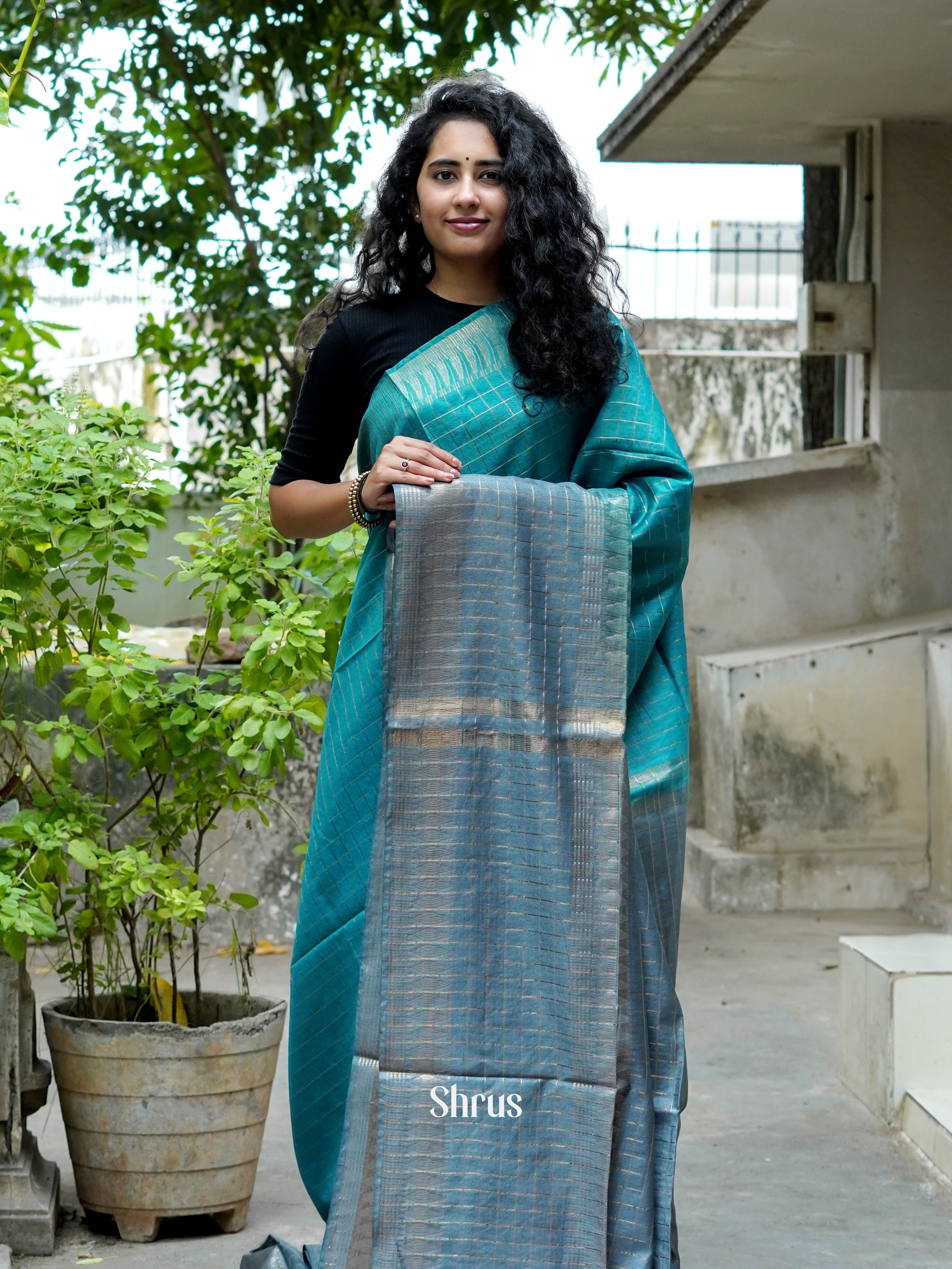 Teal & Grey - Semi Tussar Saree - Shop on ShrusEternity.com