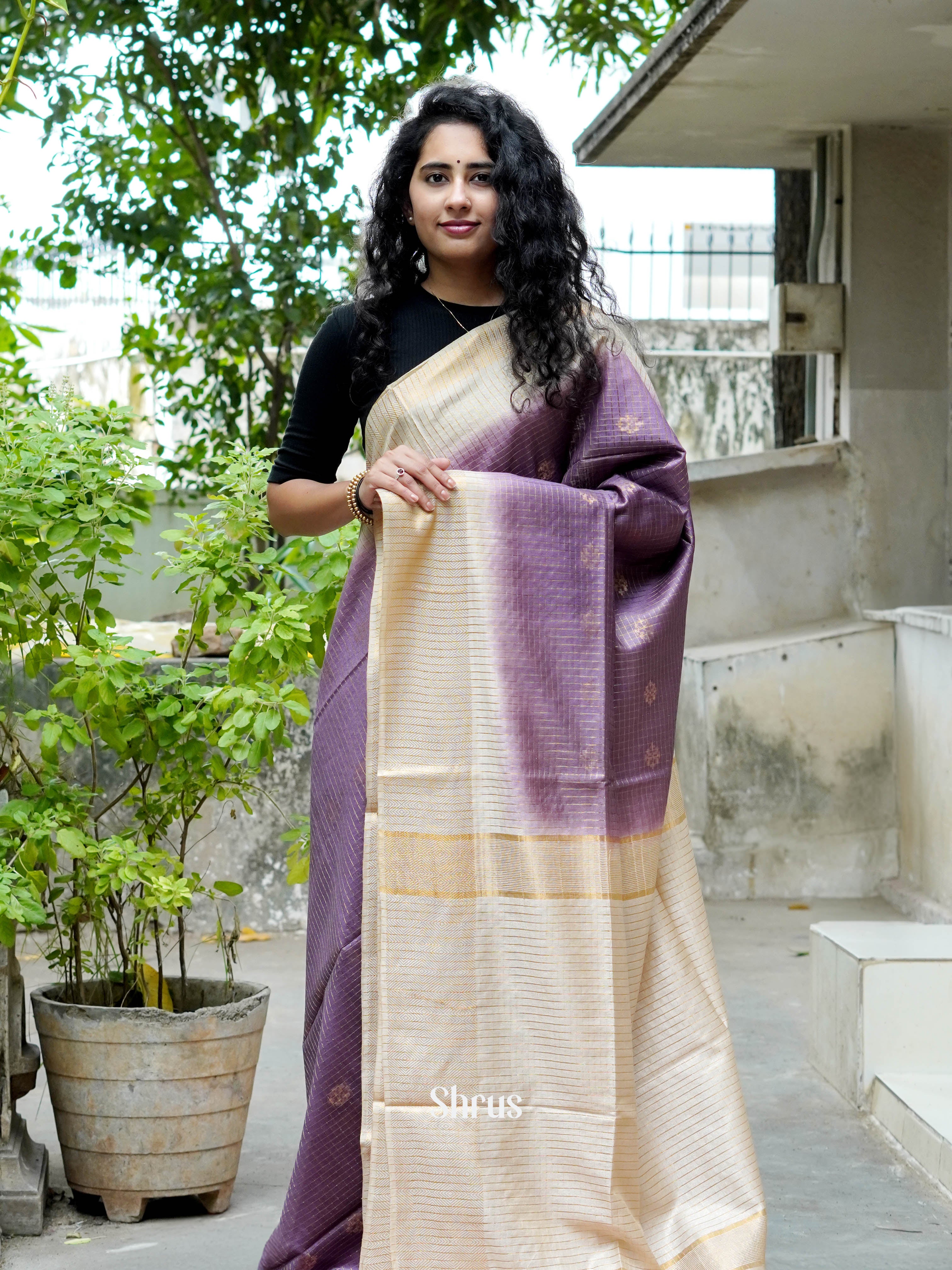 Purple & Cream - Semi Tussar Saree - Shop on ShrusEternity.com