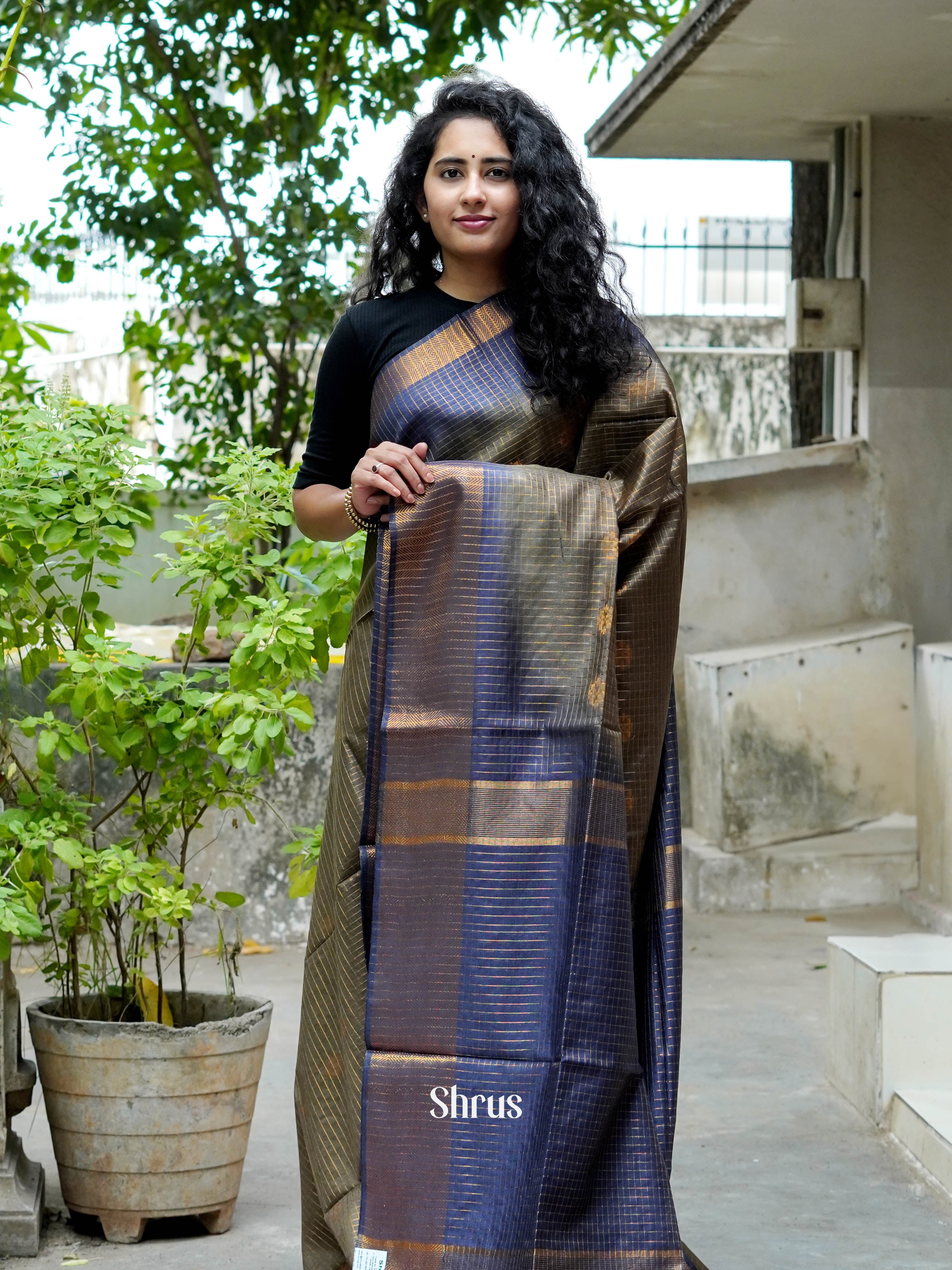 Grey & Blue- Semi Tussar Saree - Shop on ShrusEternity.com