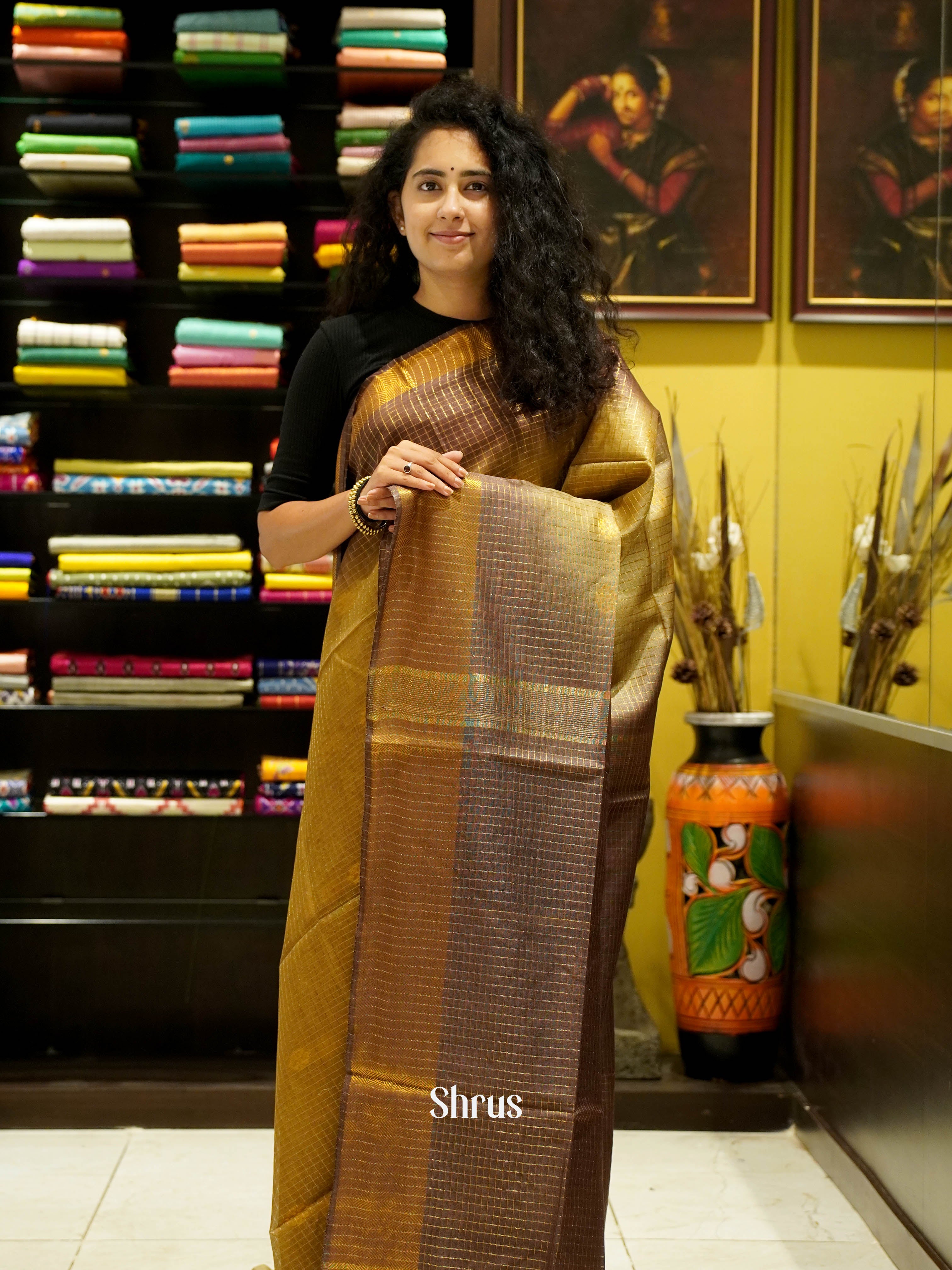 Mehandi & Brown - Semi Tussar Saree - Shop on ShrusEternity.com