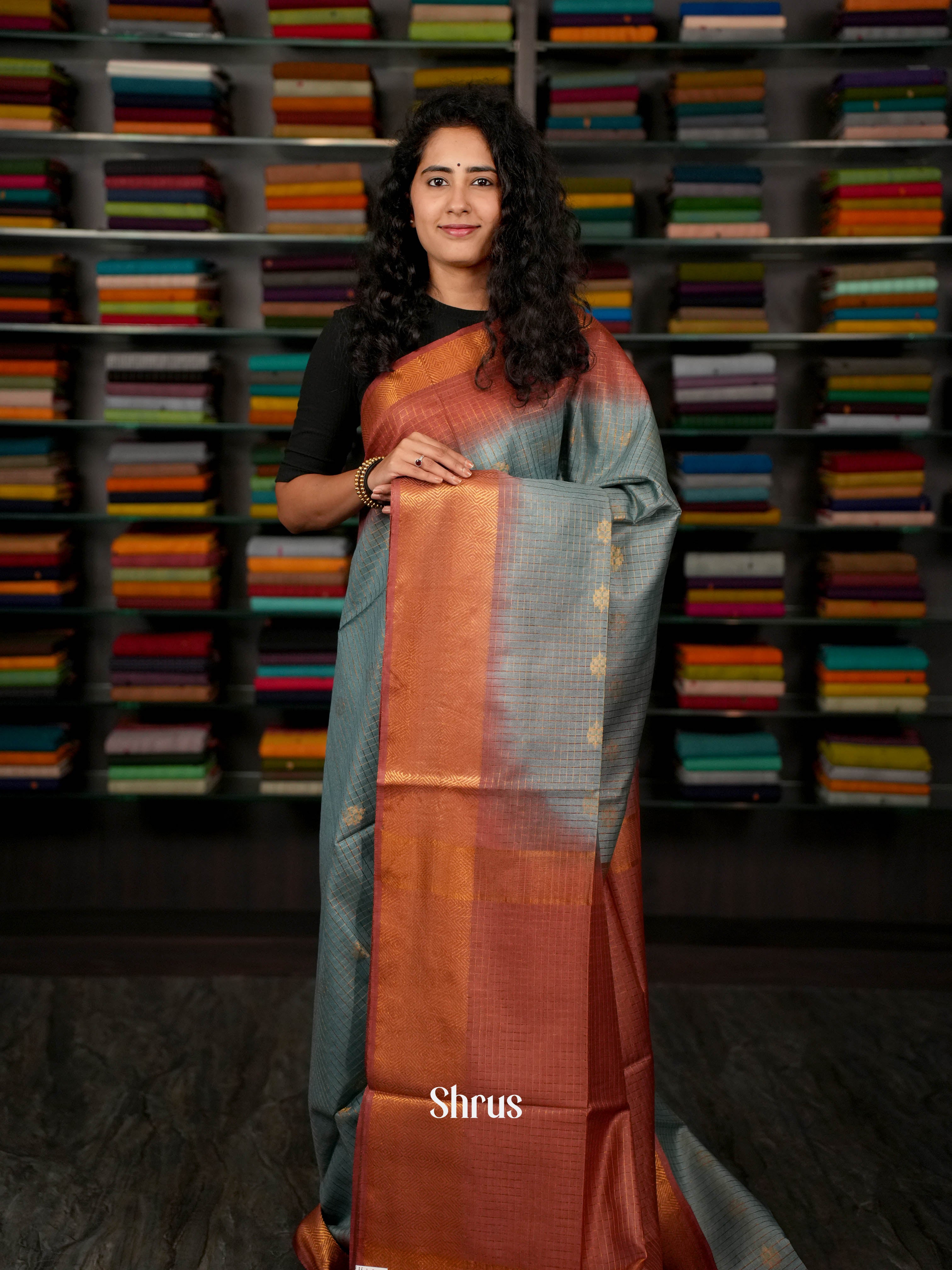 Teal Blue & Maroon - Semi Tussar Saree - Shop on ShrusEternity.com