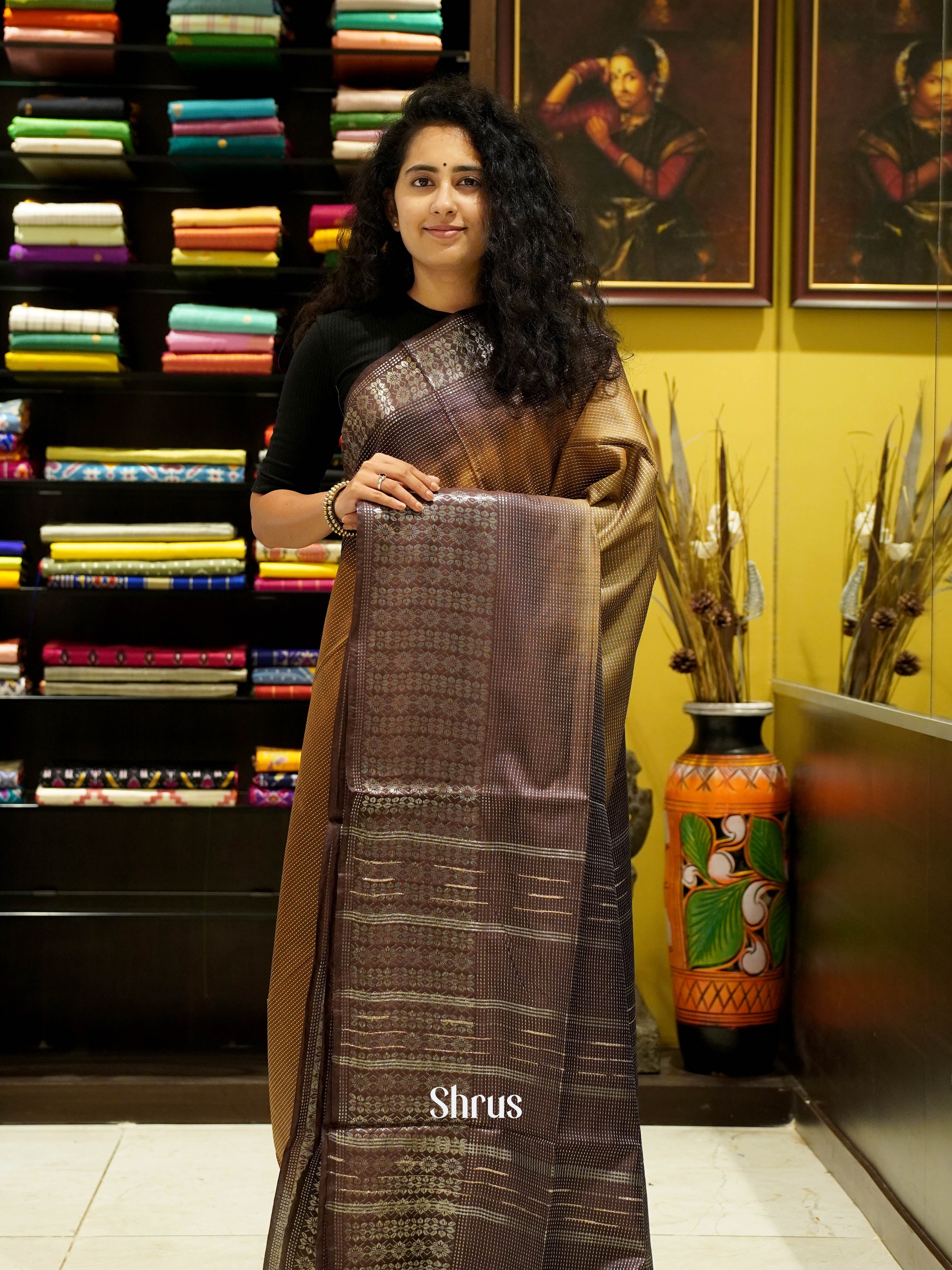 Dark Brown & Brown - Semi Tussar Saree - Shop on ShrusEternity.com