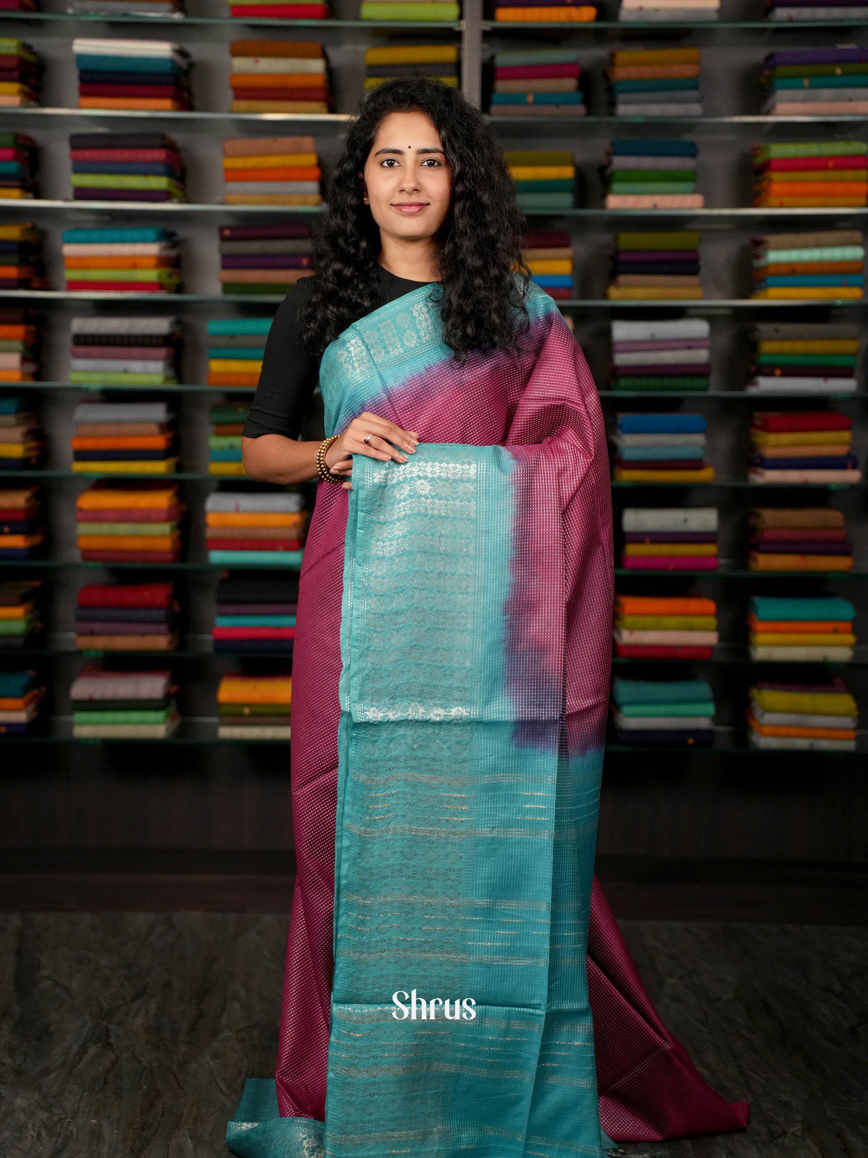 Dark Maroon & Teal blue - Semi Tussar Saree - Shop on ShrusEternity.com