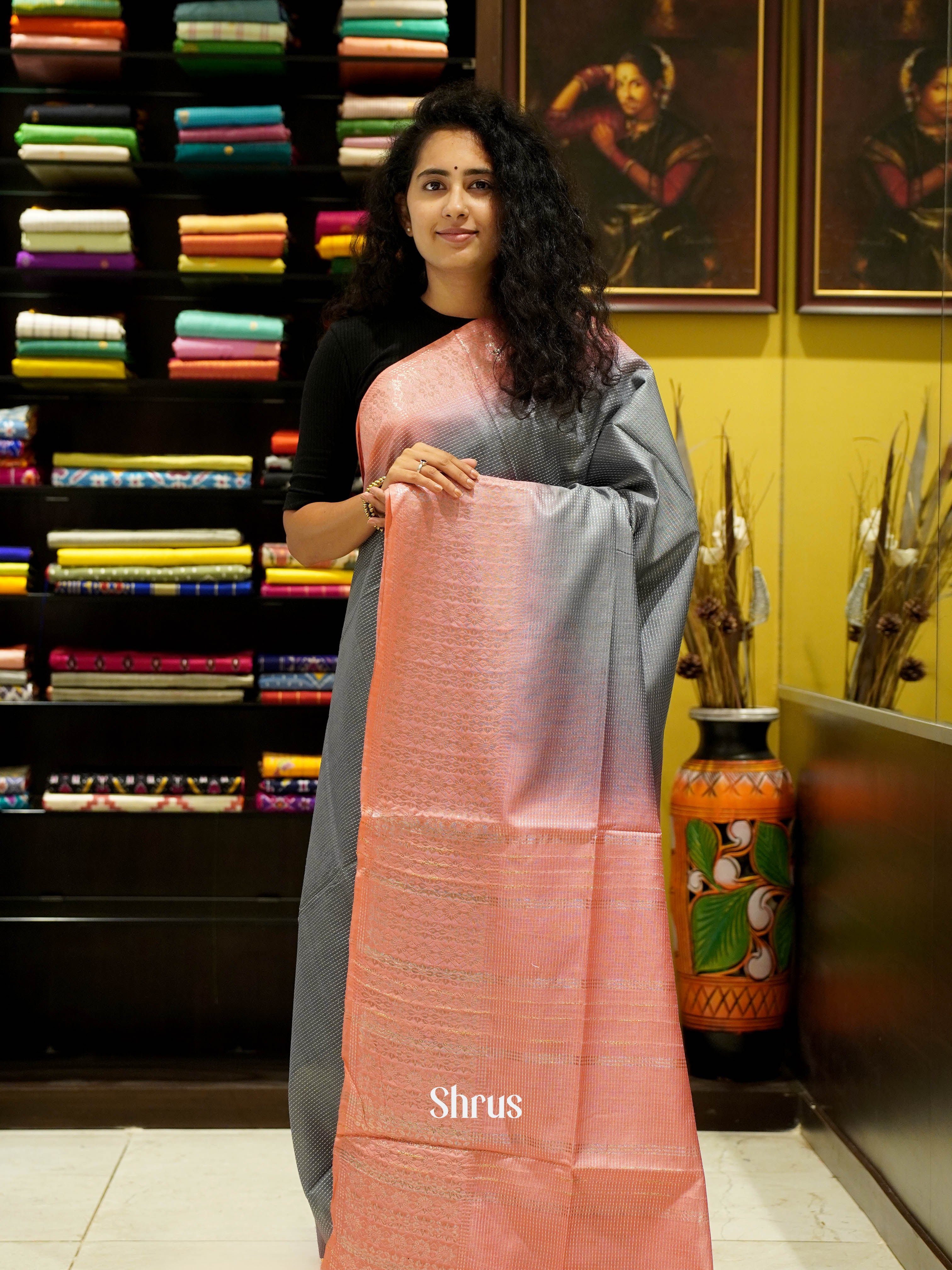 Grey & Pink - Semi Tussar Saree - Shop on ShrusEternity.com