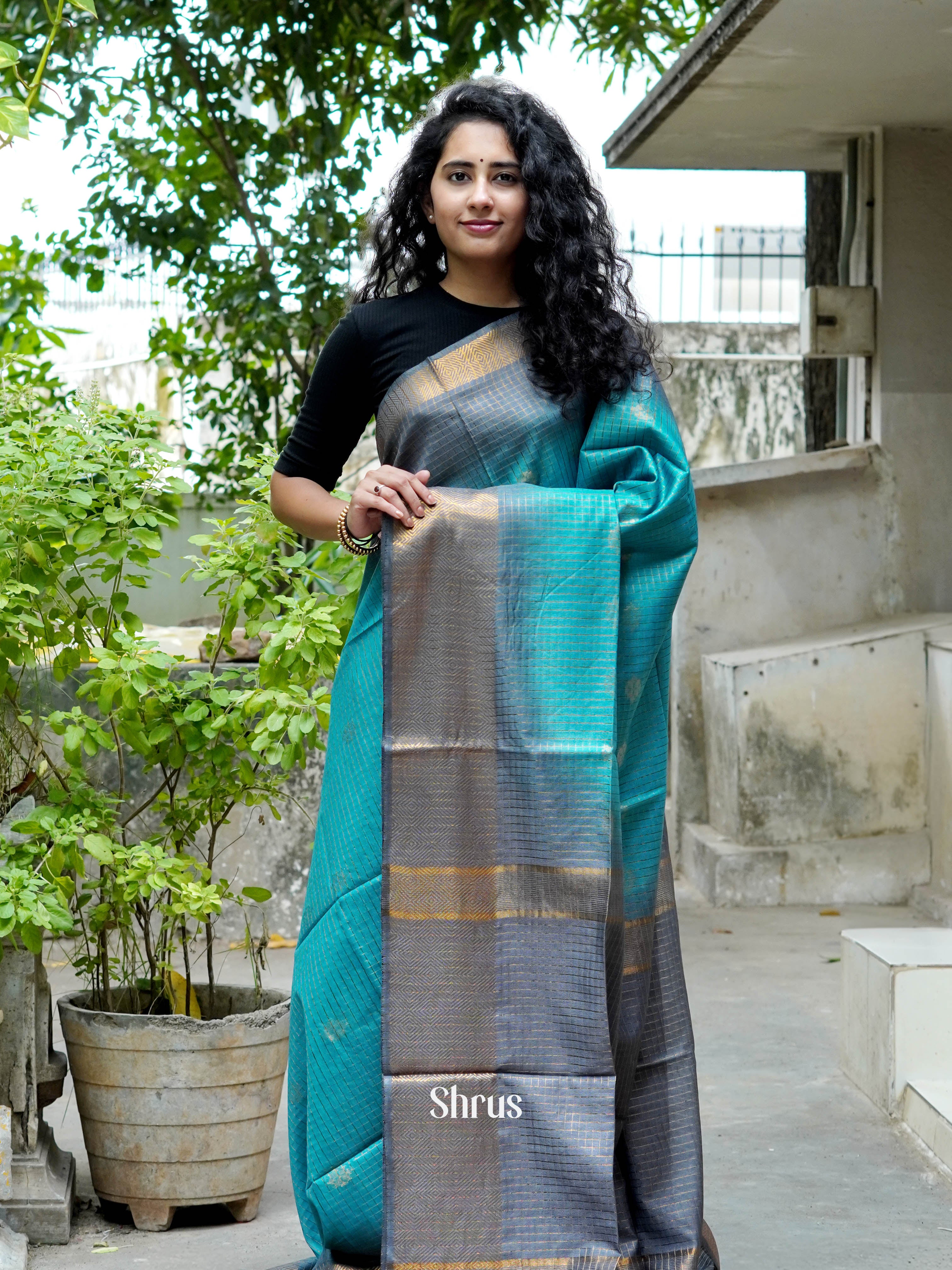 Teal & Grey- Semi Tussar Saree - Shop on ShrusEternity.com