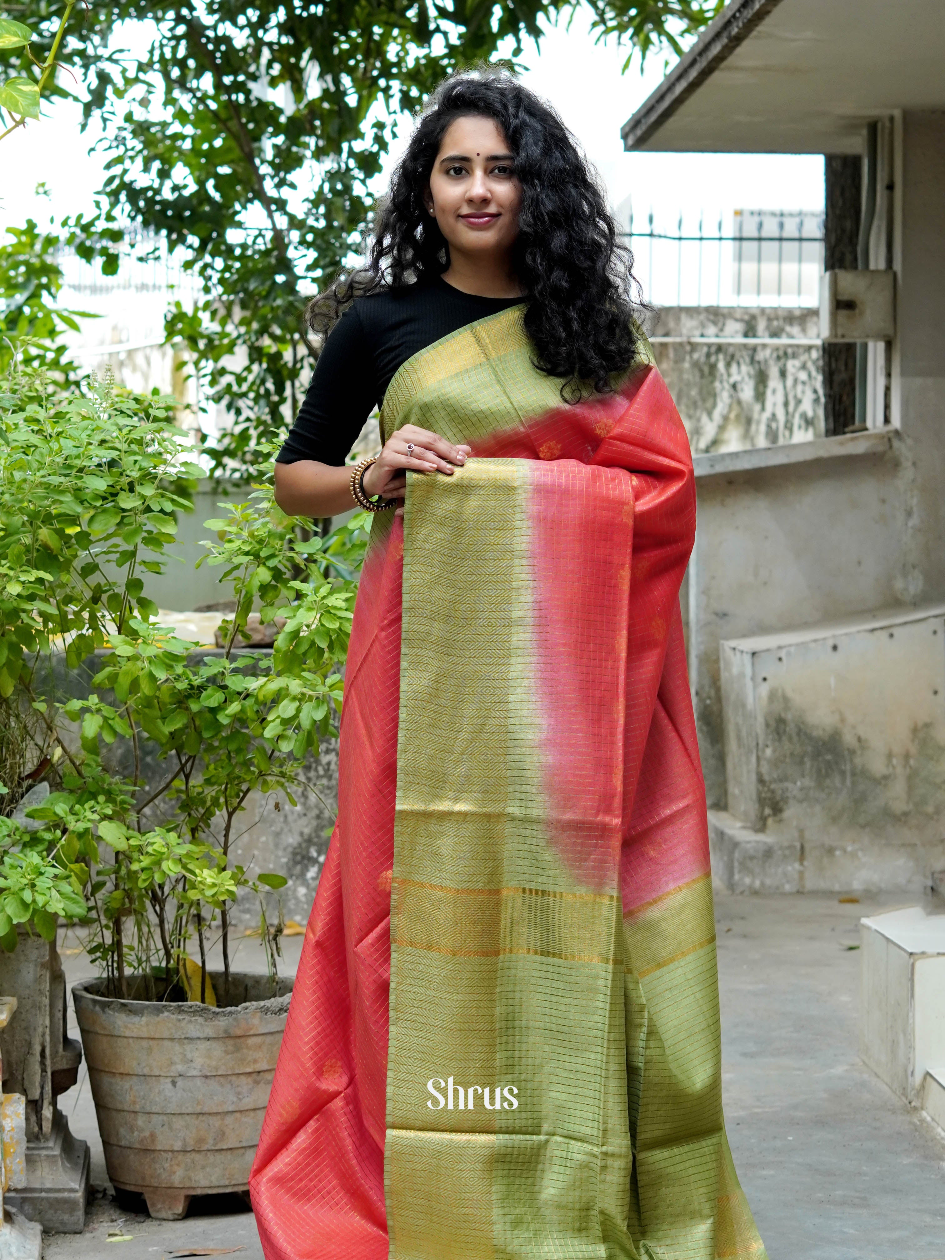Red & Green - Semi Tussar Saree - Shop on ShrusEternity.com