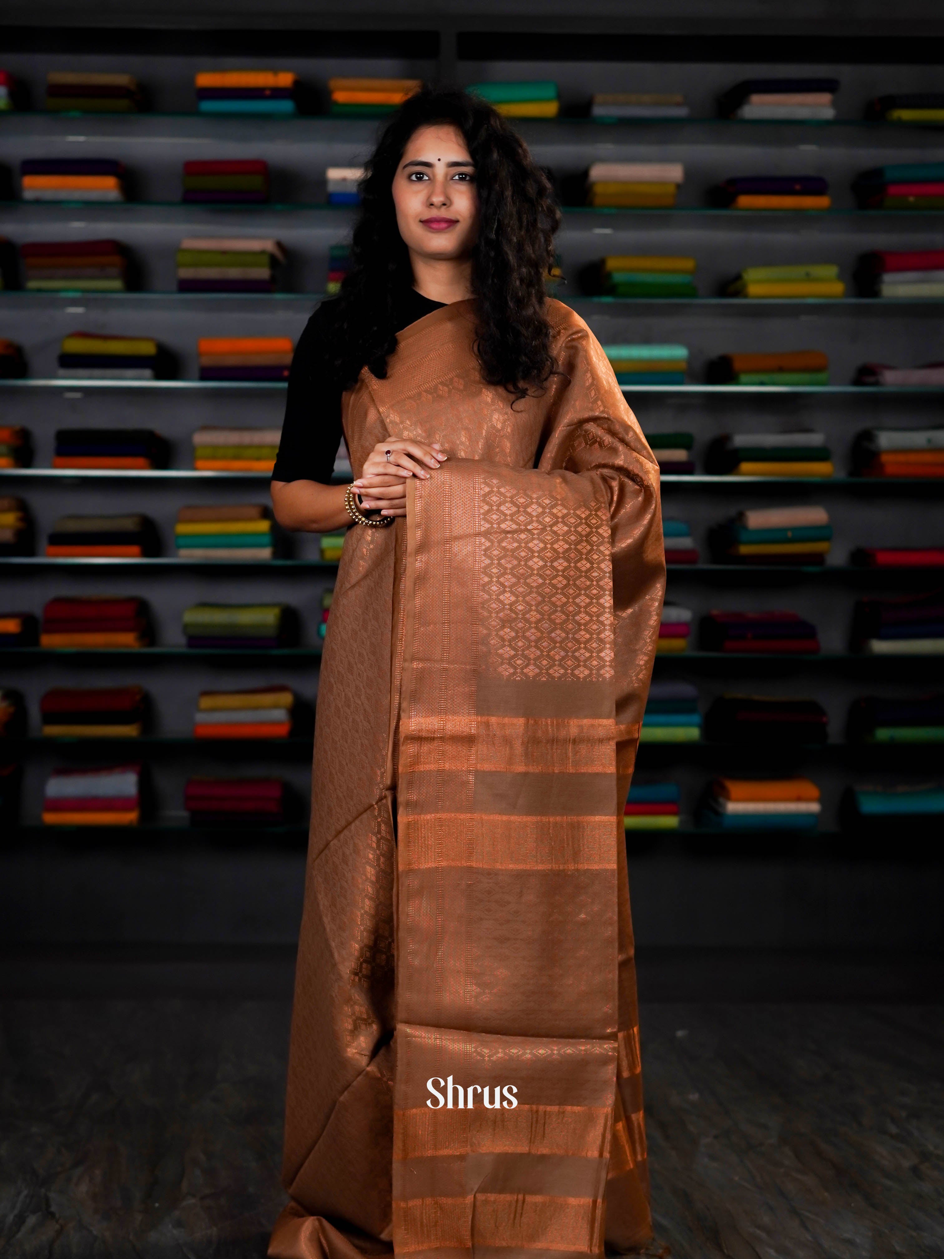 Brown(Single Tone) - Semi Tussar Saree - Shop on ShrusEternity.com