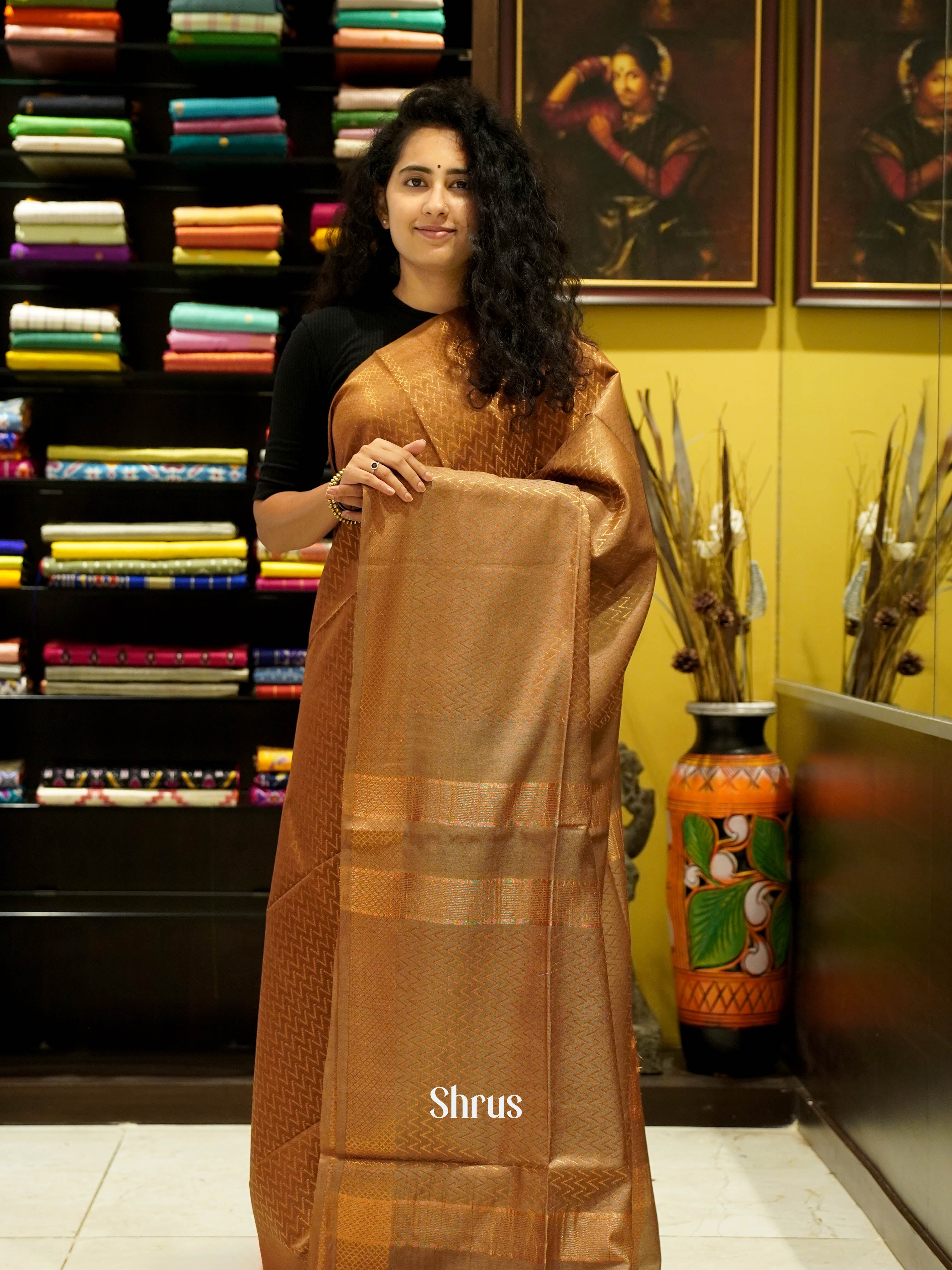 Golden Brown(Single Tone)- Semi Tussar Saree - Shop on ShrusEternity.com