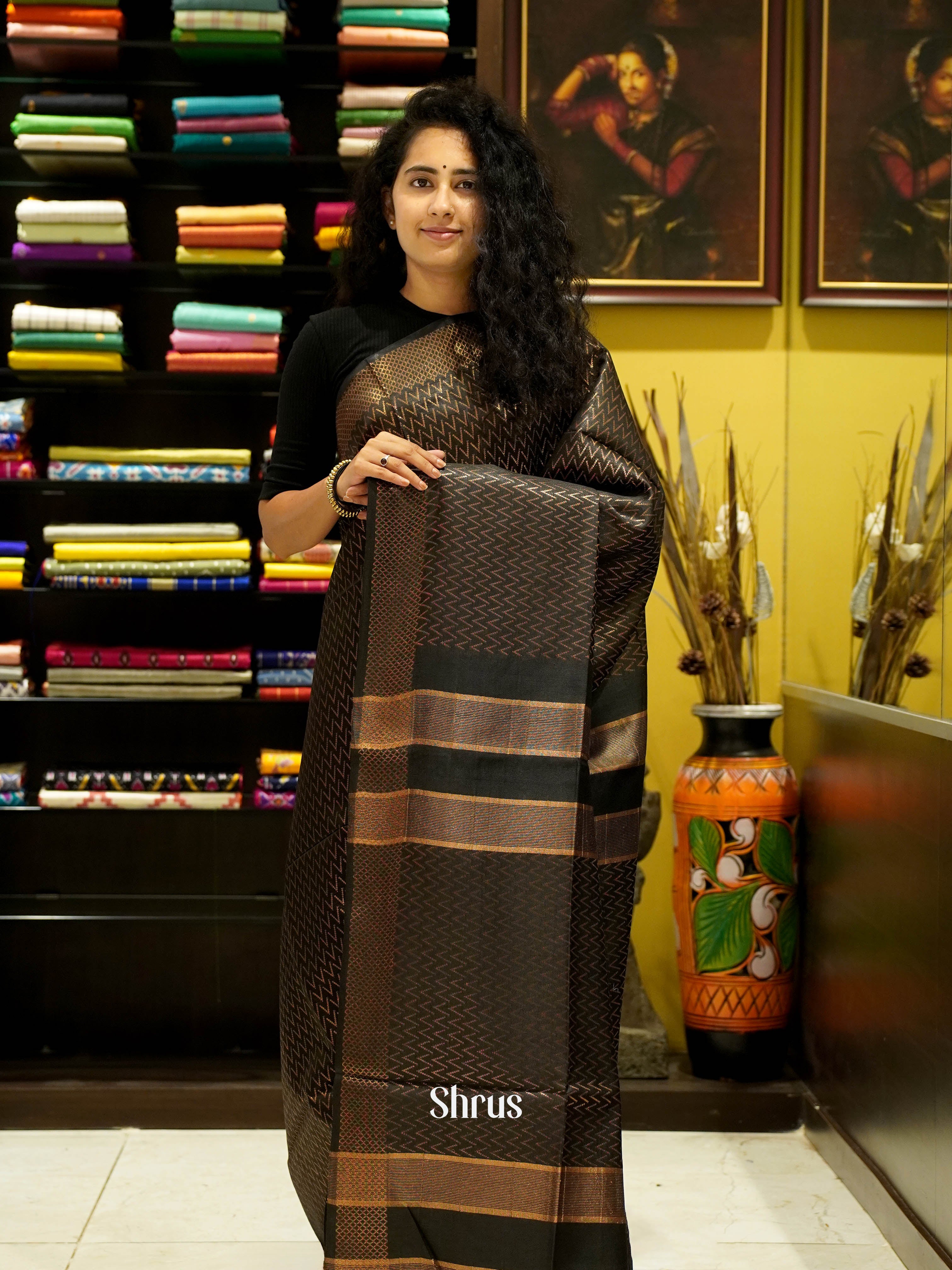 Black(Single Tone)- Semi Tussar Saree - Shop on ShrusEternity.com