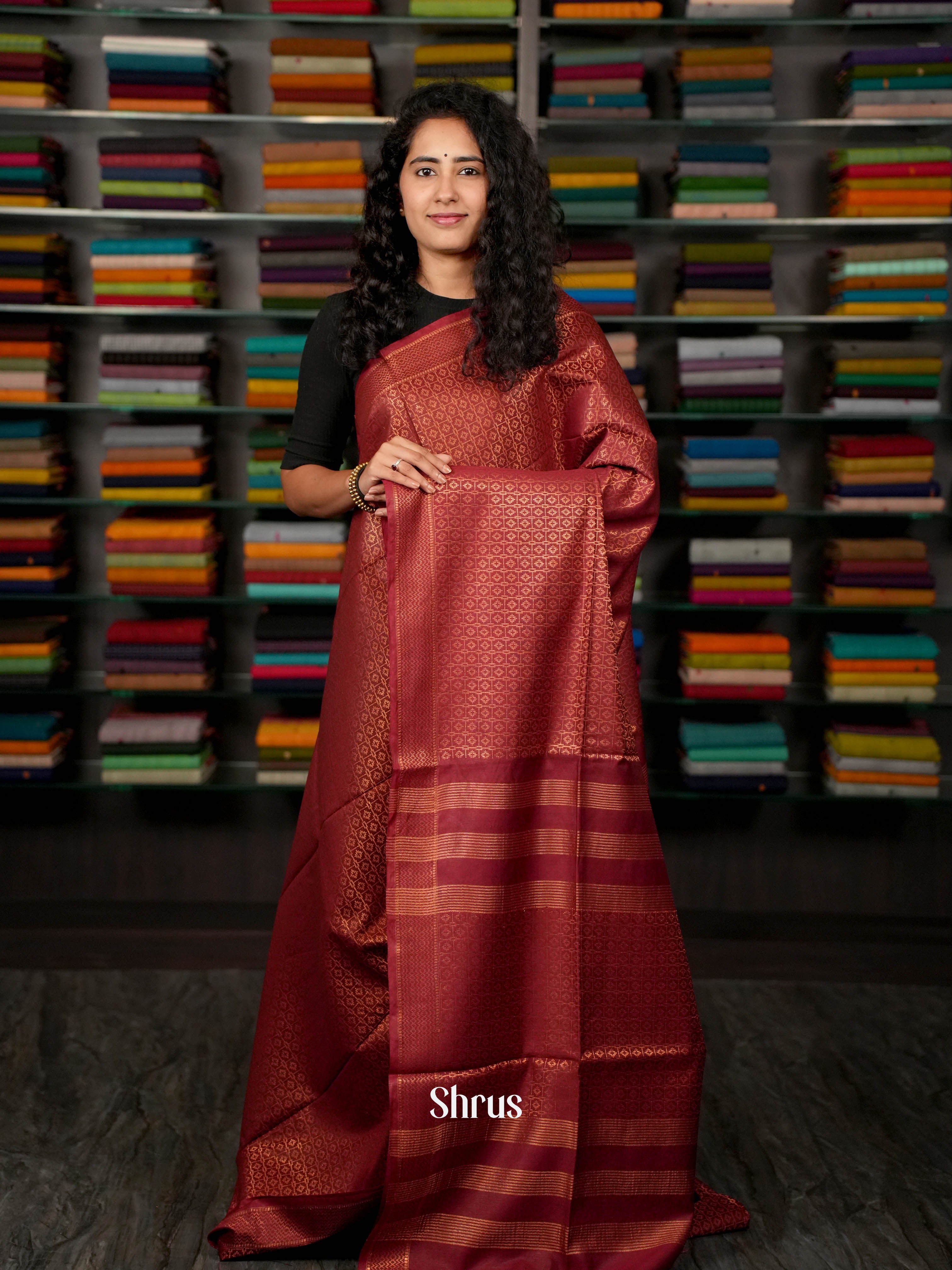 Dark maroon - Semi Tussar Saree - Shop on ShrusEternity.com