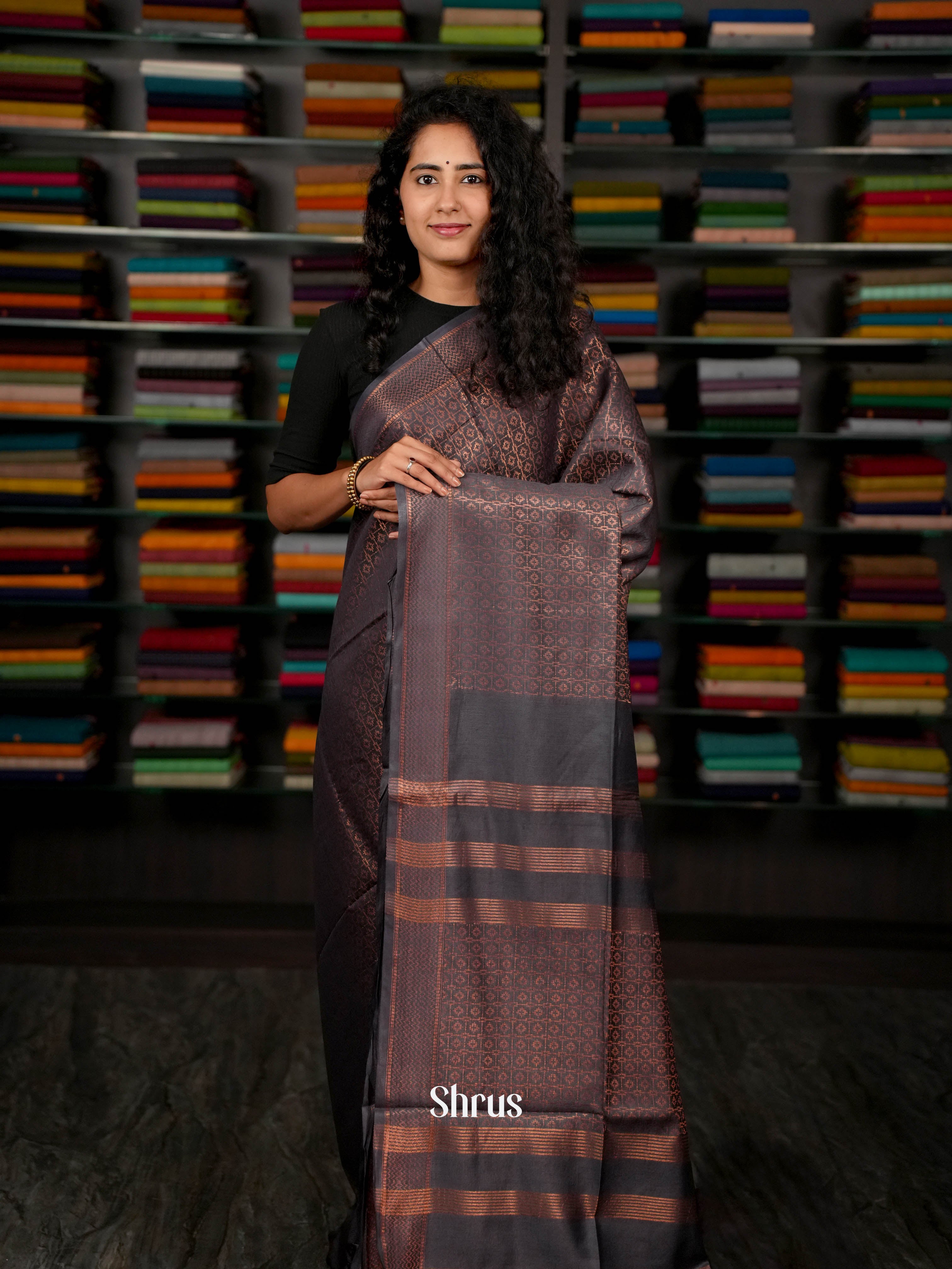 Grey - Semi Tussar Saree - Shop on ShrusEternity.com