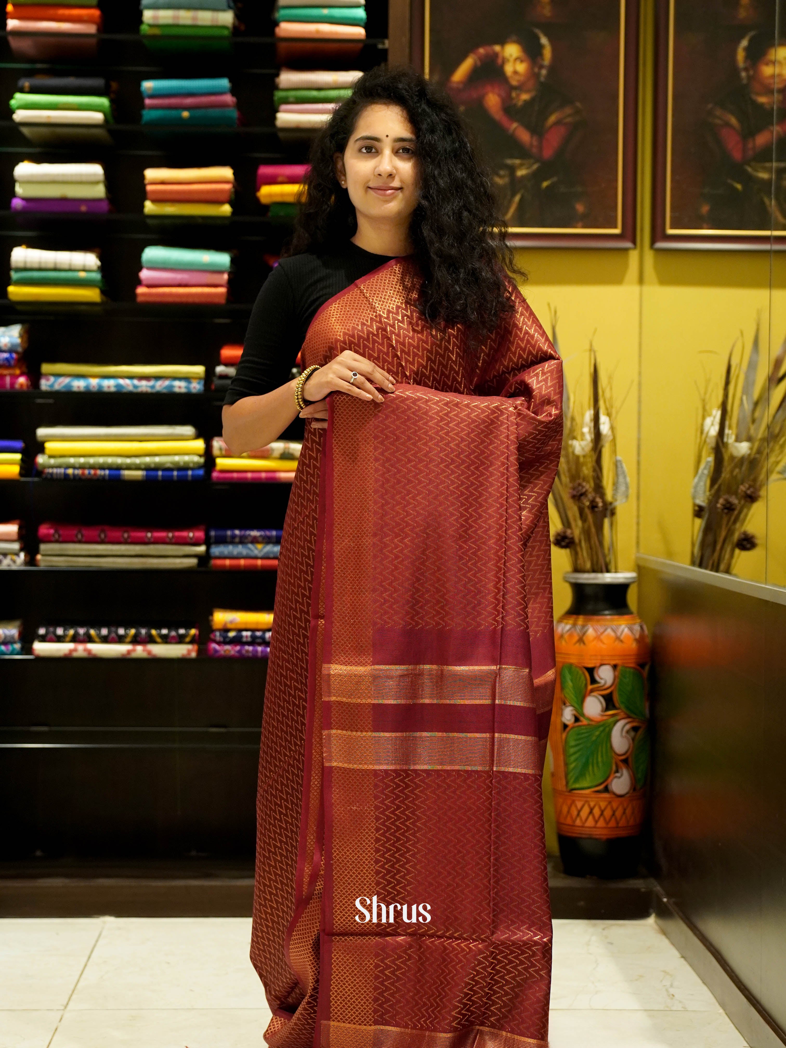 Maroon(Single Tone) - Semi Tussar Saree - Shop on ShrusEternity.com