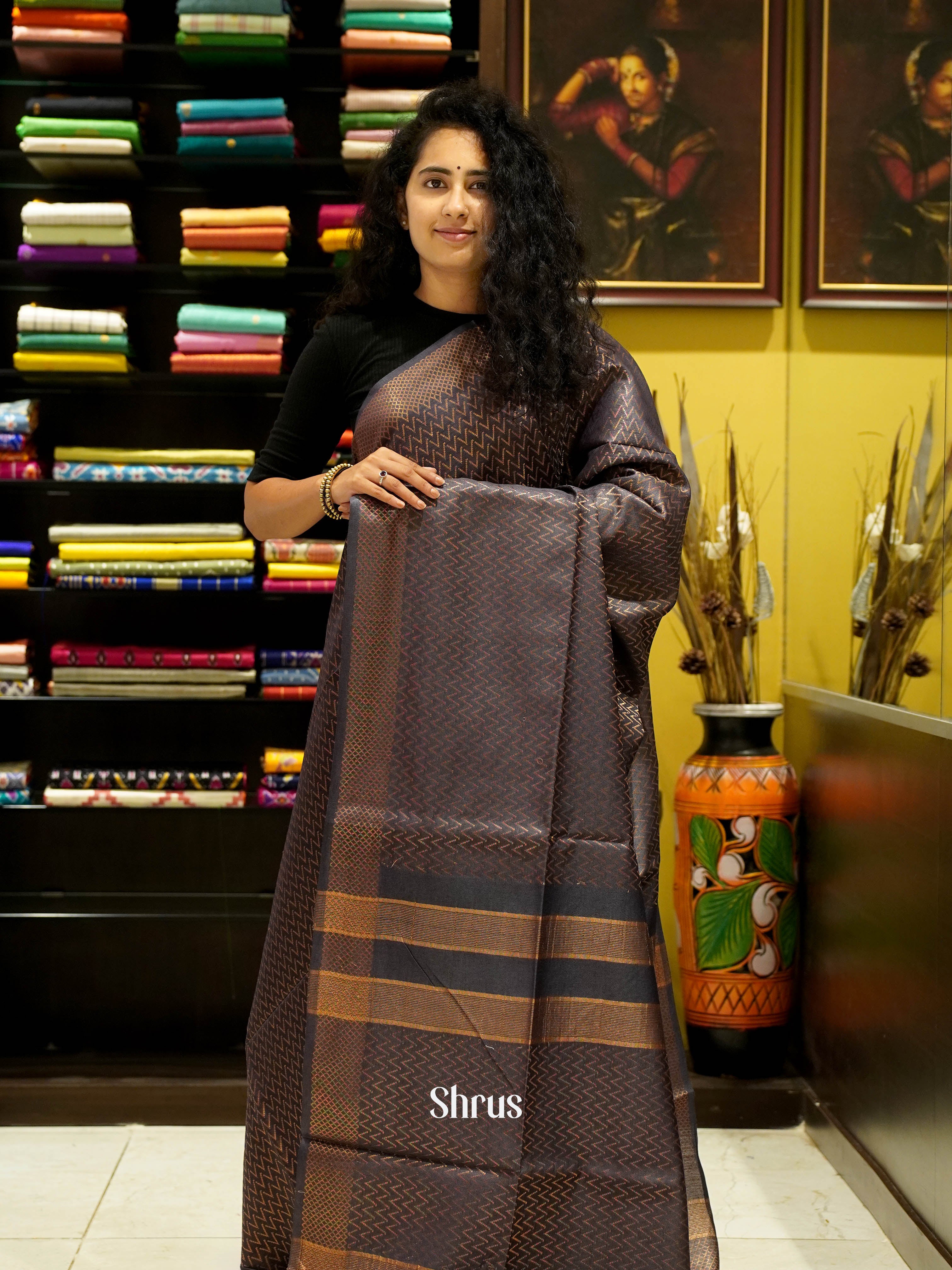 Black(Single Tone) - Semi Tussar Saree - Shop on ShrusEternity.com