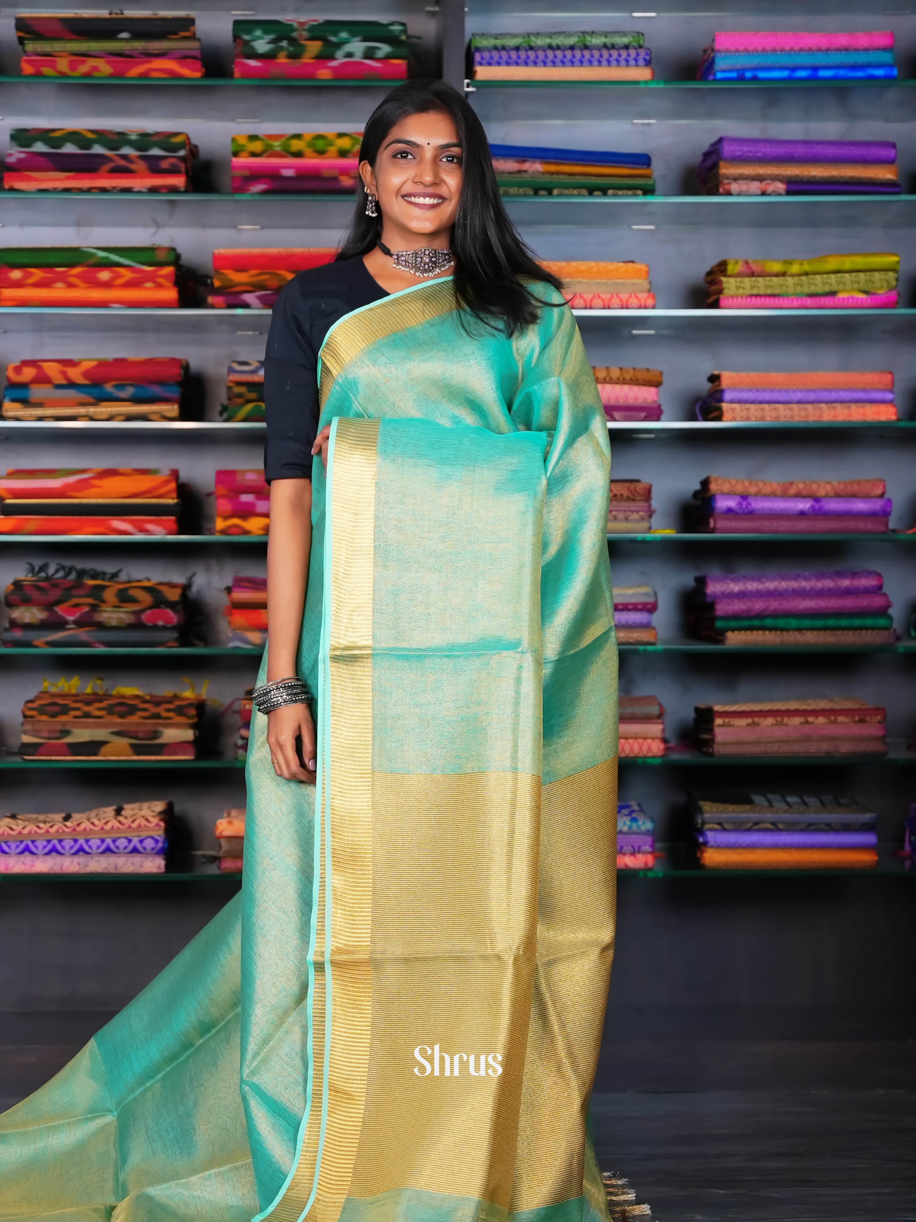 Teal & Gold - Linen Saree - Shop on ShrusEternity.com