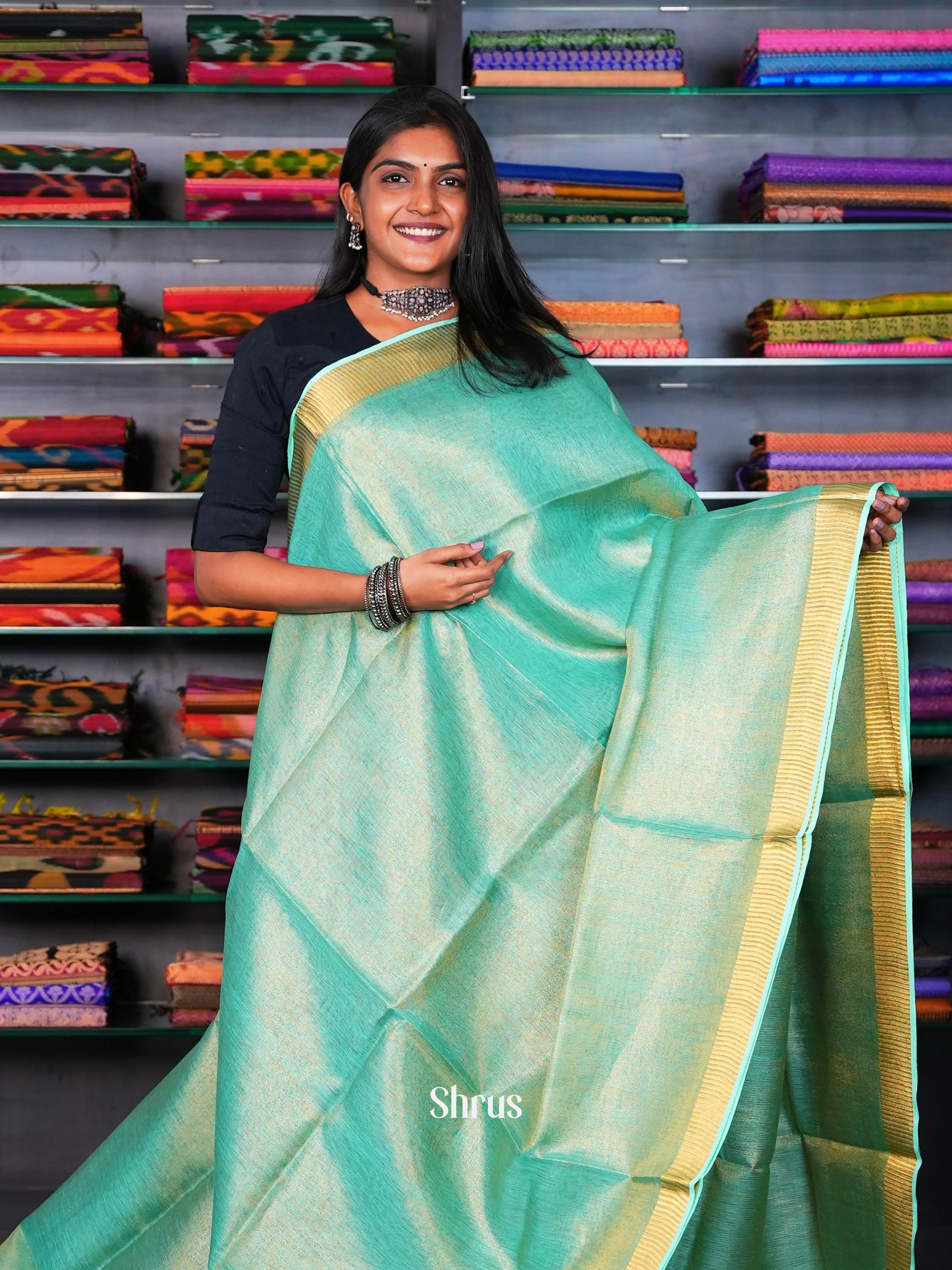 Teal & Gold - Linen Saree - Shop on ShrusEternity.com