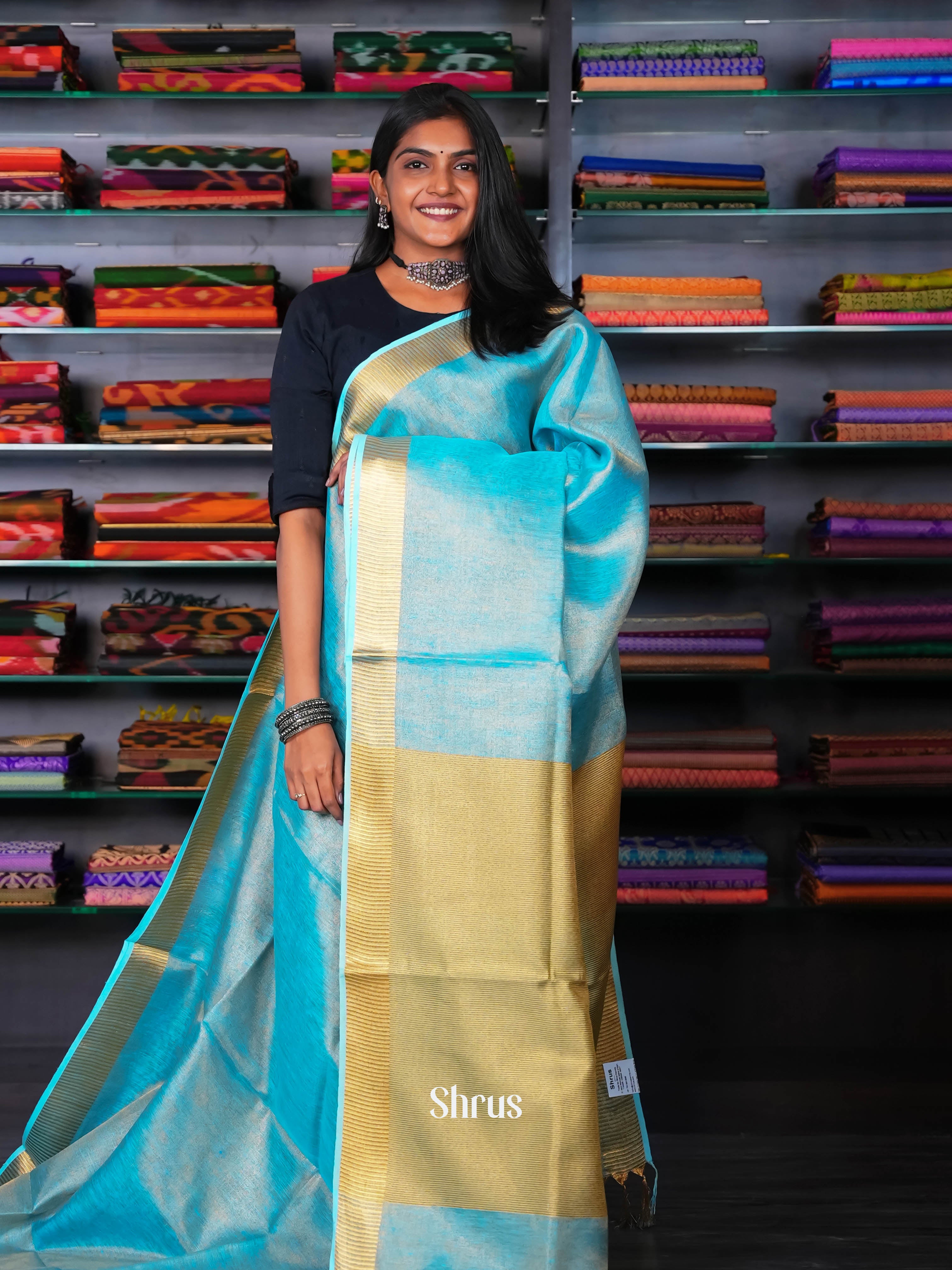 Sky Blue & Gold - Linen Saree - Shop on ShrusEternity.com