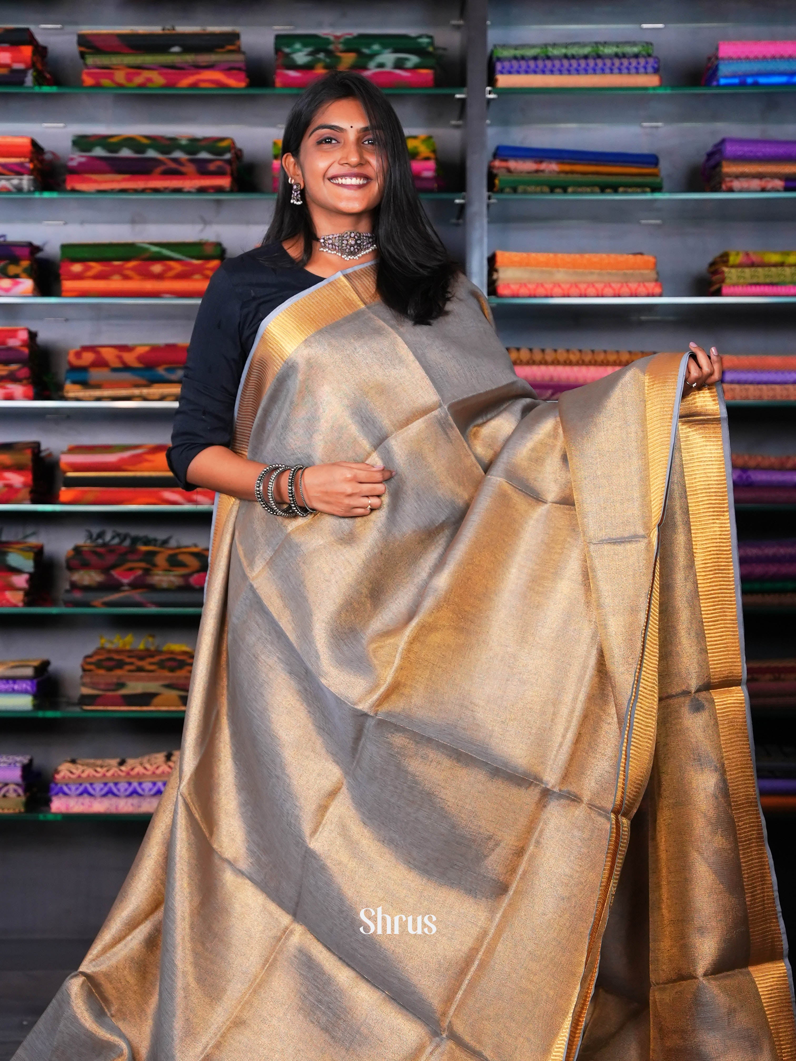Golden & Grey - Linen Saree - Shop on ShrusEternity.com