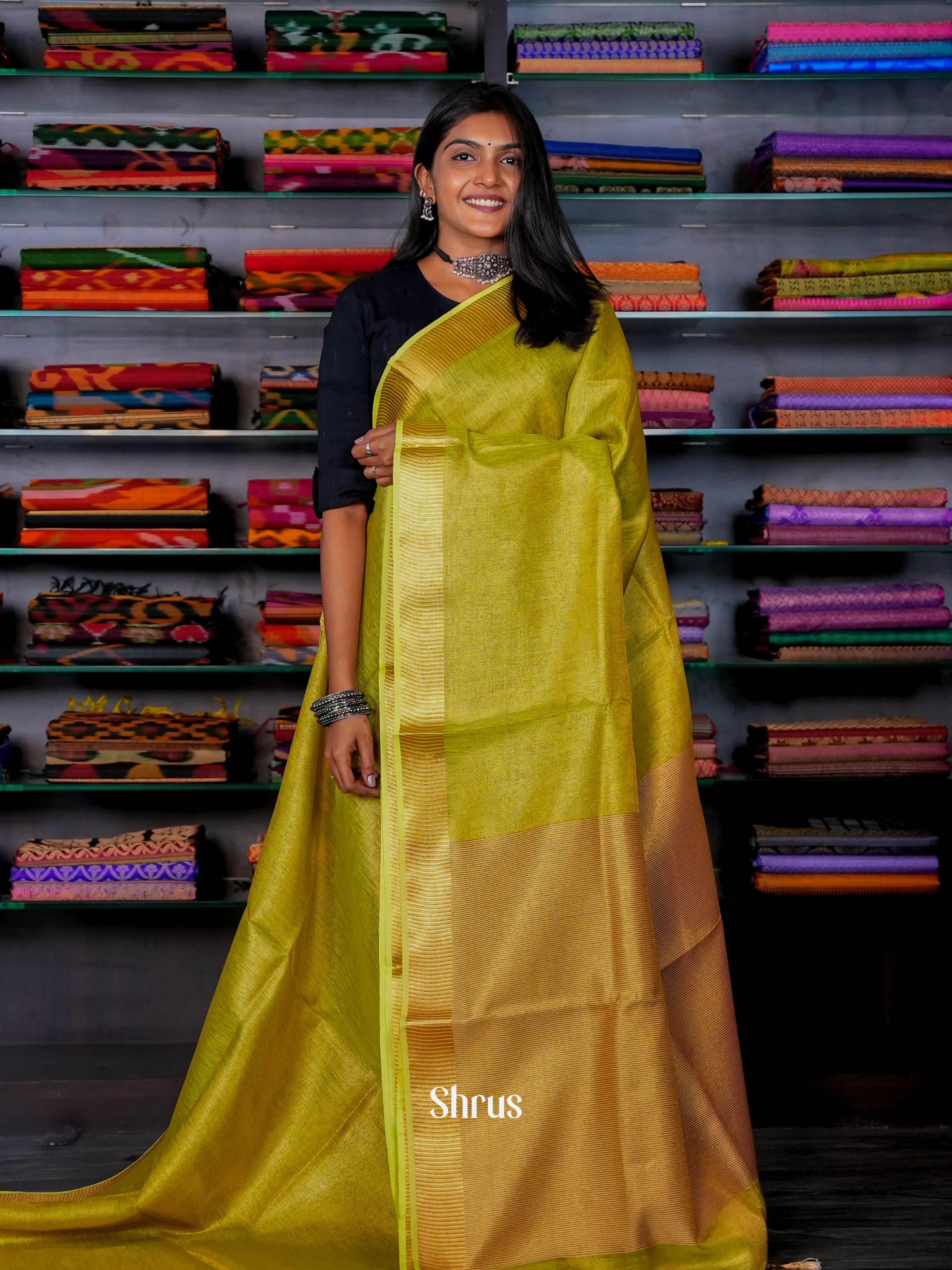 Green & Gold- Linen Saree - Shop on ShrusEternity.com