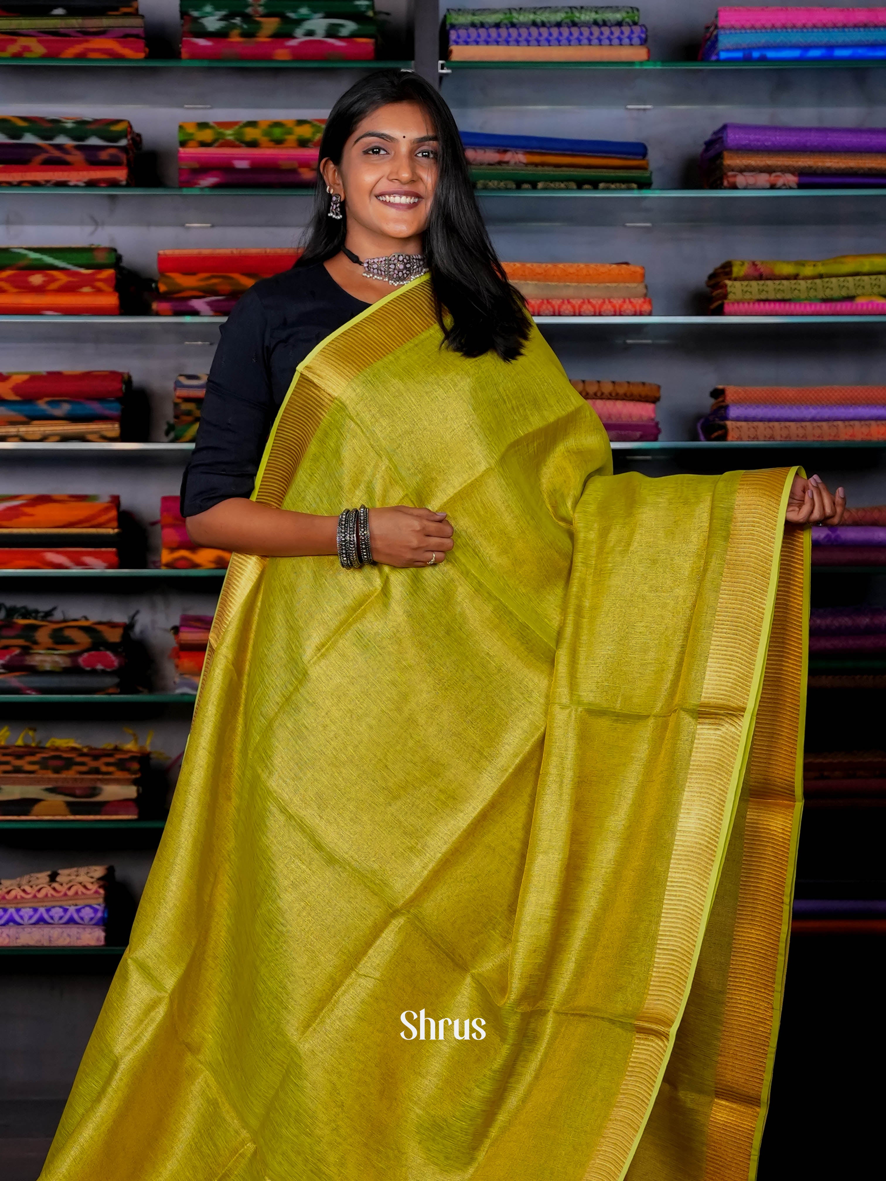 Green & Gold- Linen Saree - Shop on ShrusEternity.com