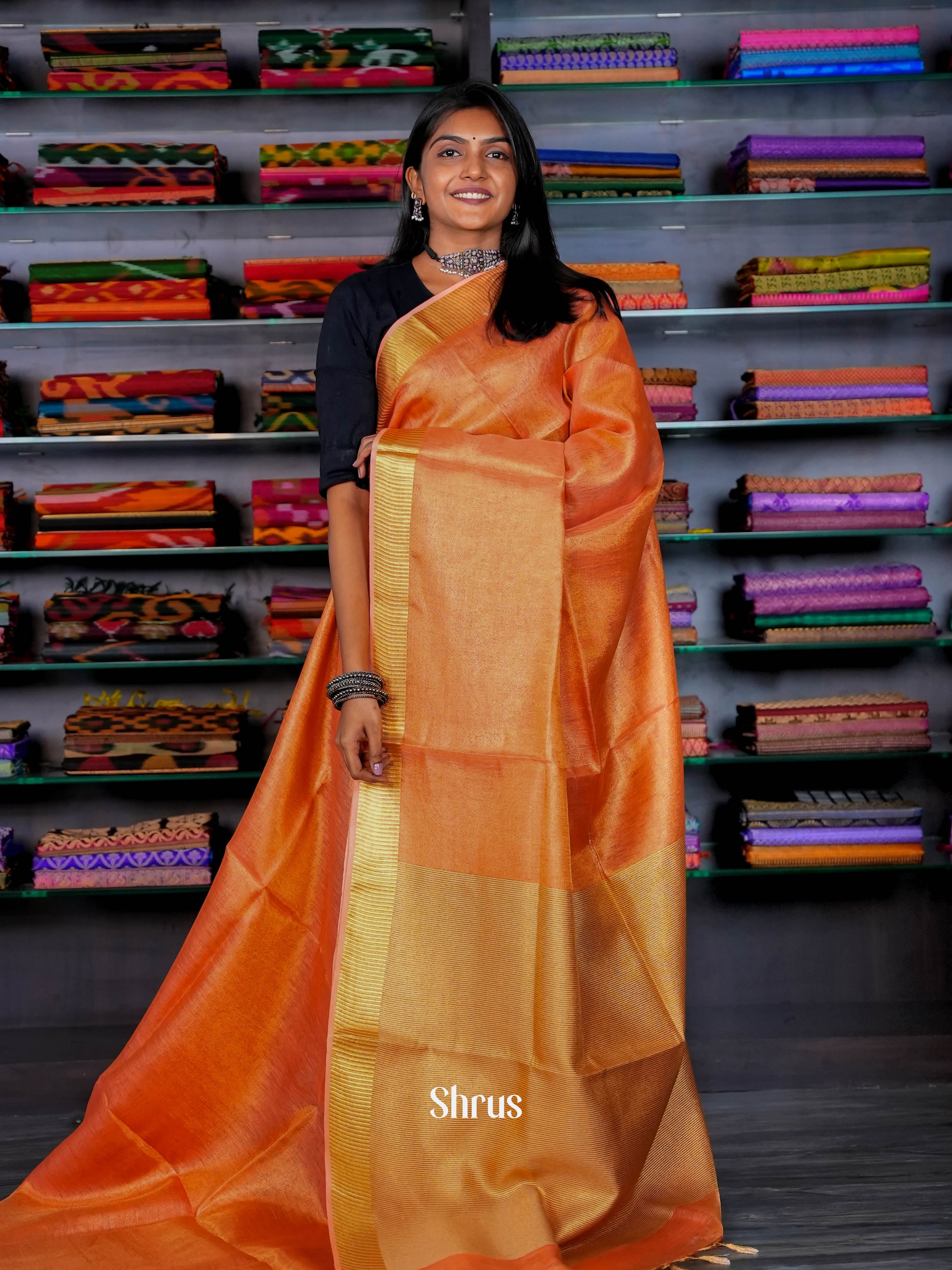 Peach Orange & Gold - Linen Saree - Shop on ShrusEternity.com