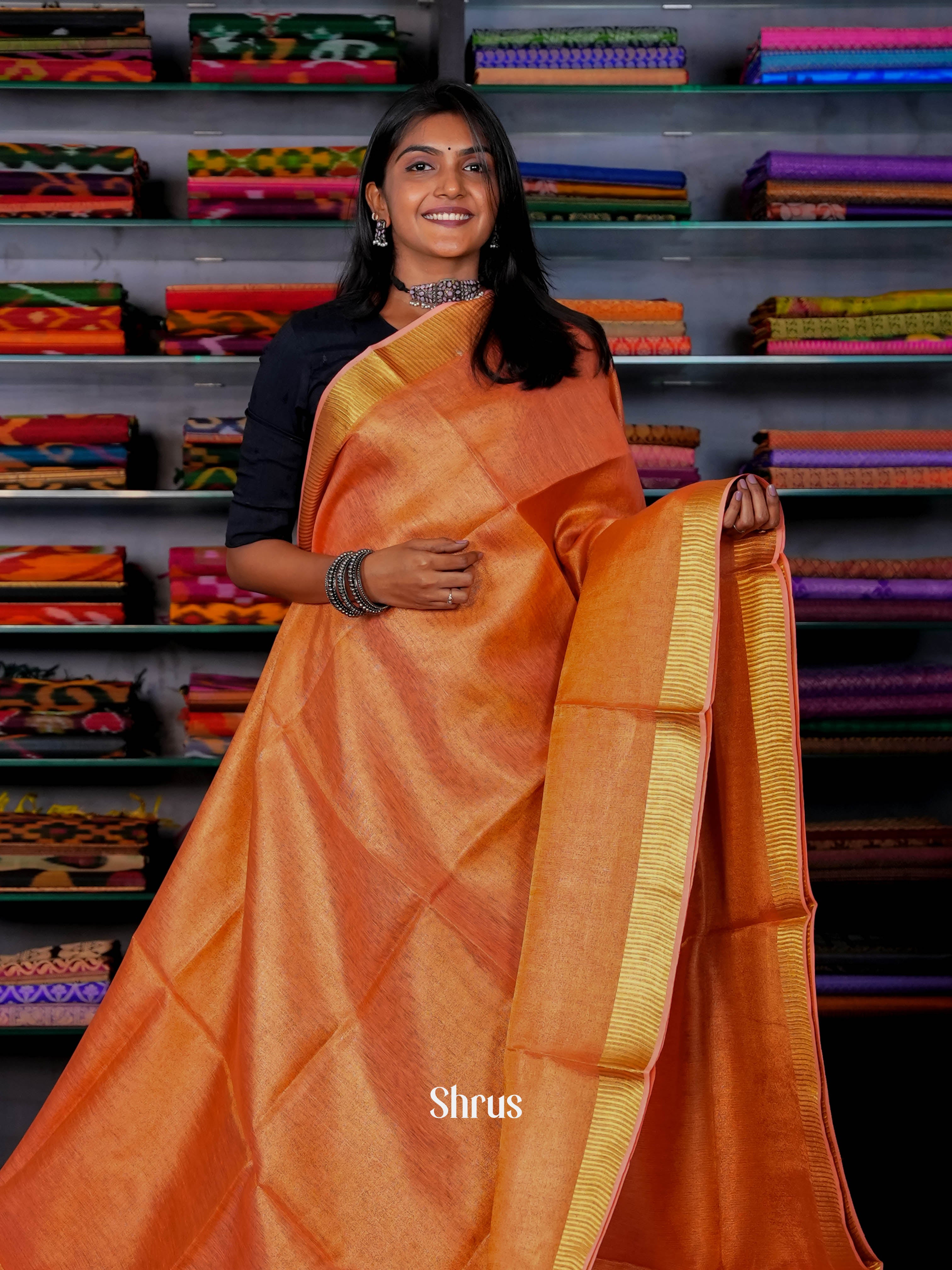 Peach Orange & Gold - Linen Saree - Shop on ShrusEternity.com