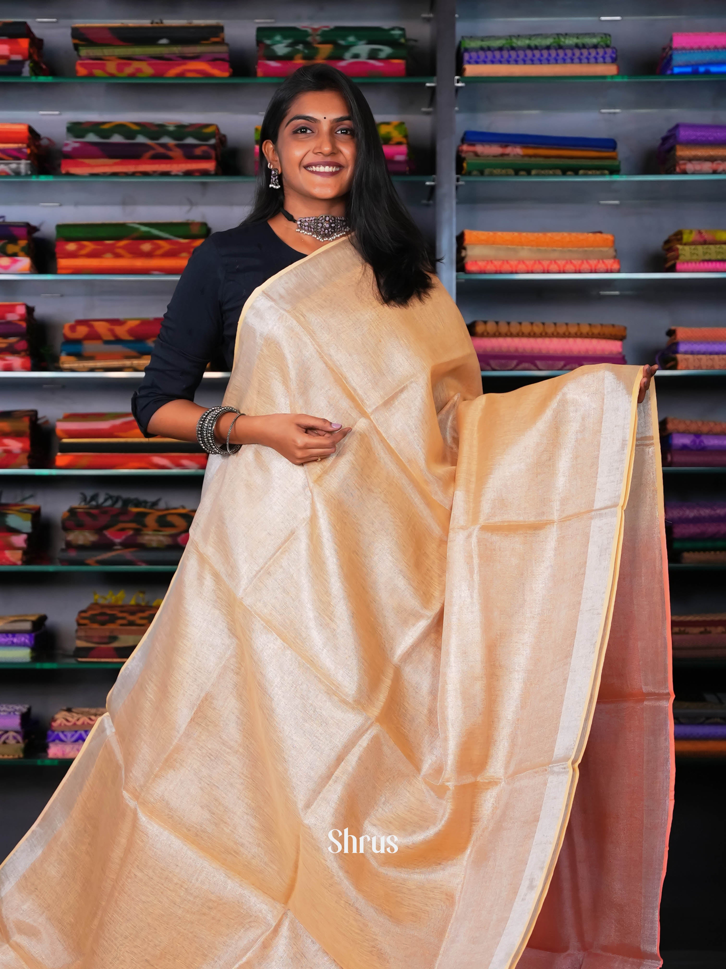 Silverish Cream & Pink - Linen Saree - Shop on ShrusEternity.com