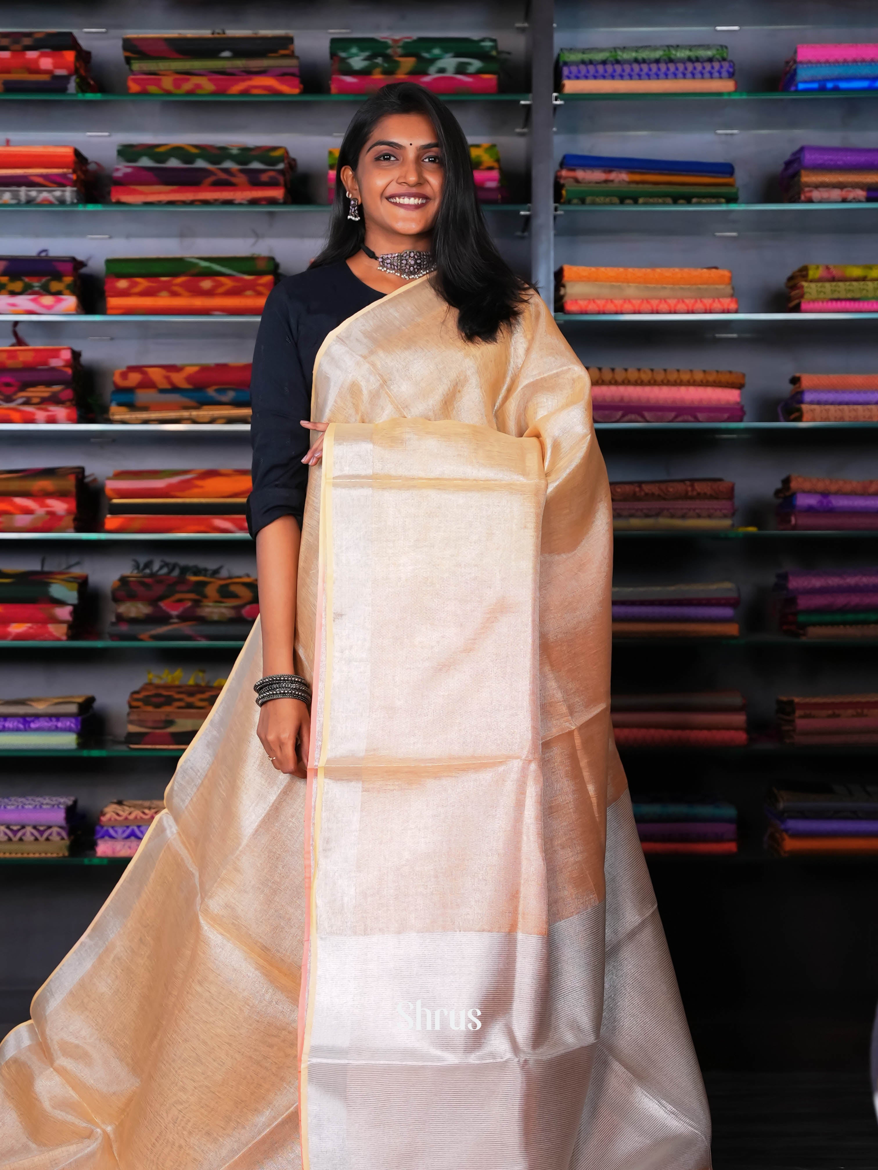 Silverish Cream & Pink - Linen Saree - Shop on ShrusEternity.com