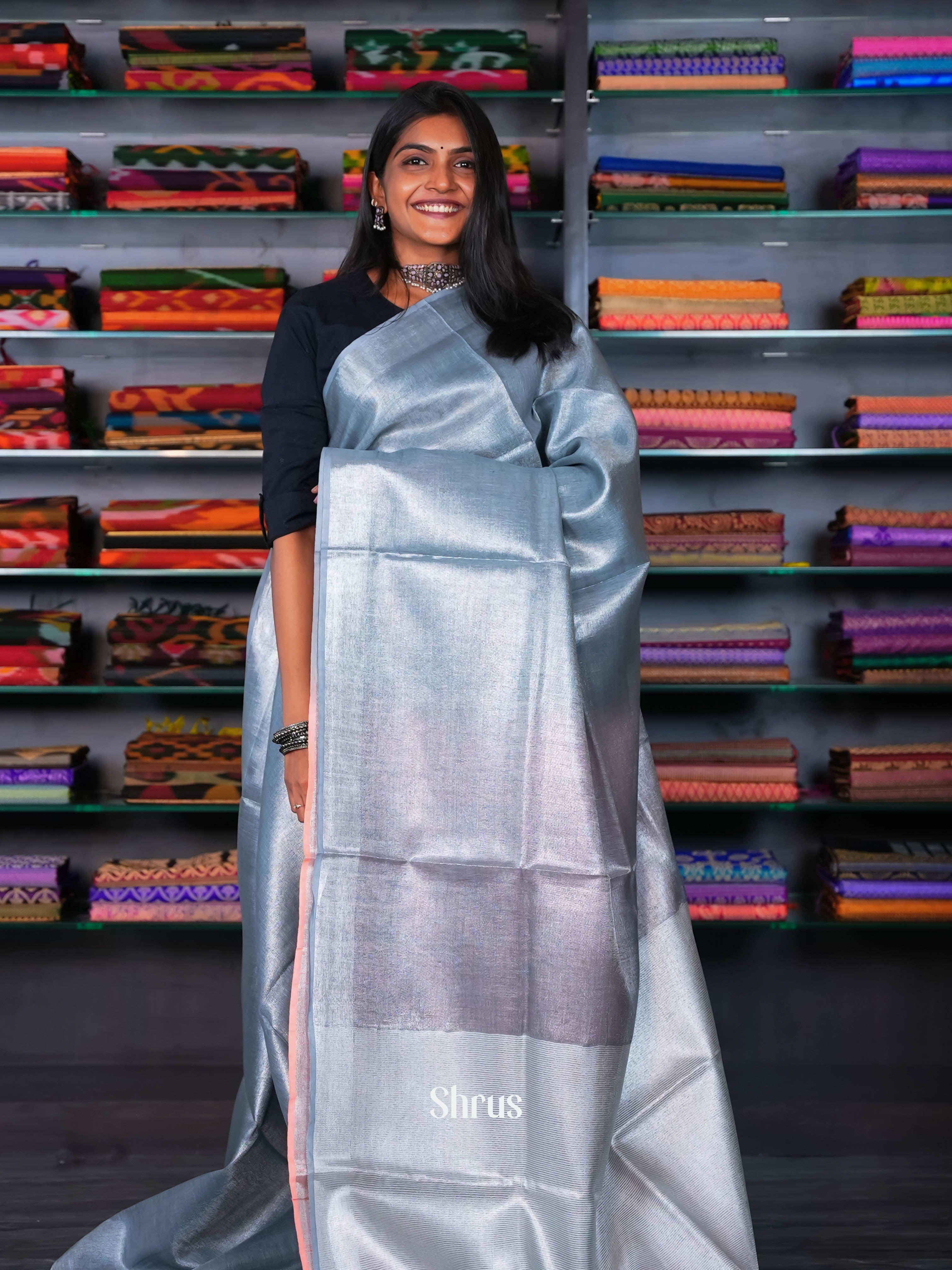 Grey & Peach - Linen Saree - Shop on ShrusEternity.com