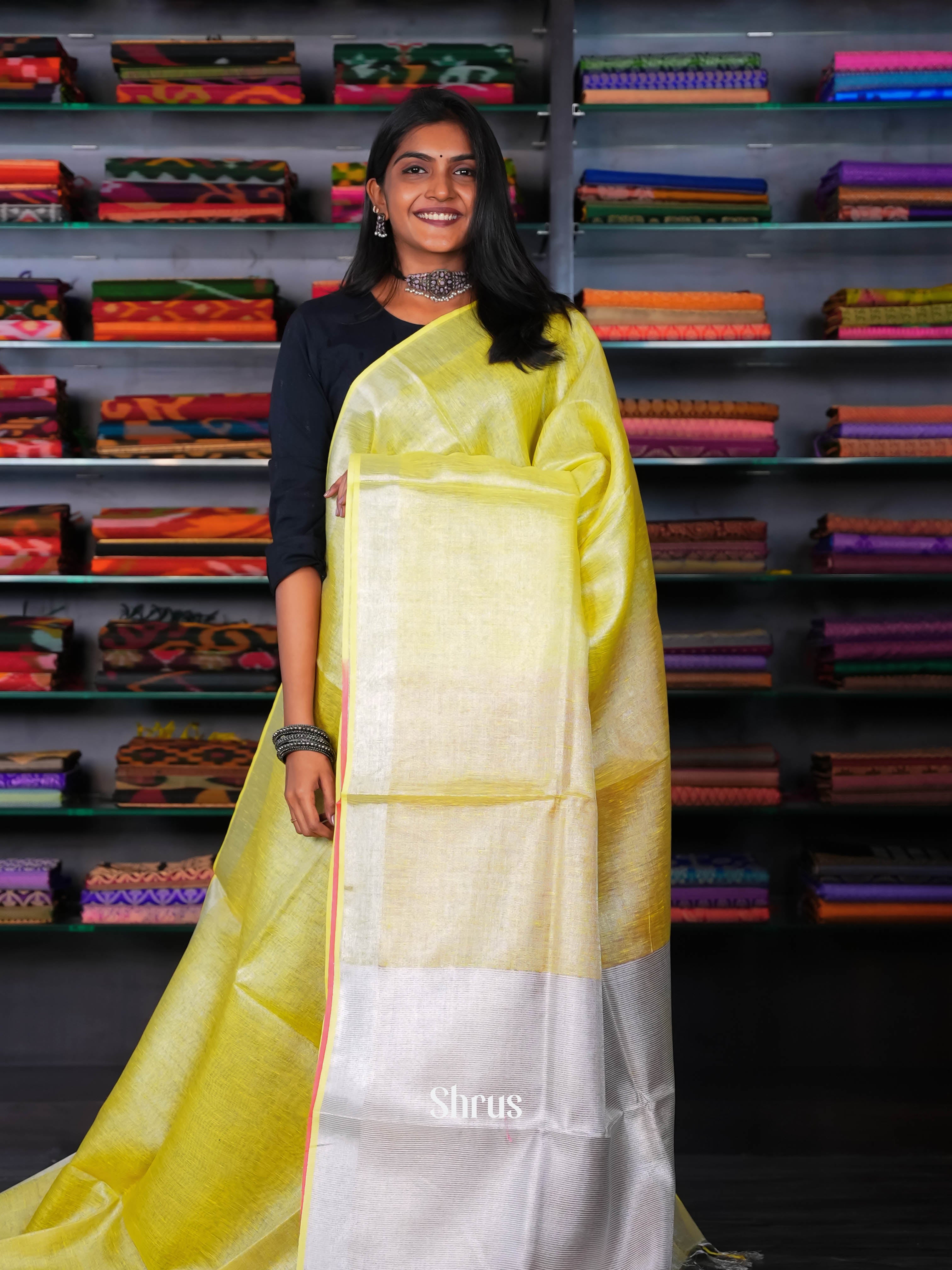 Golden Green & Pink - Linen Saree - Shop on ShrusEternity.com