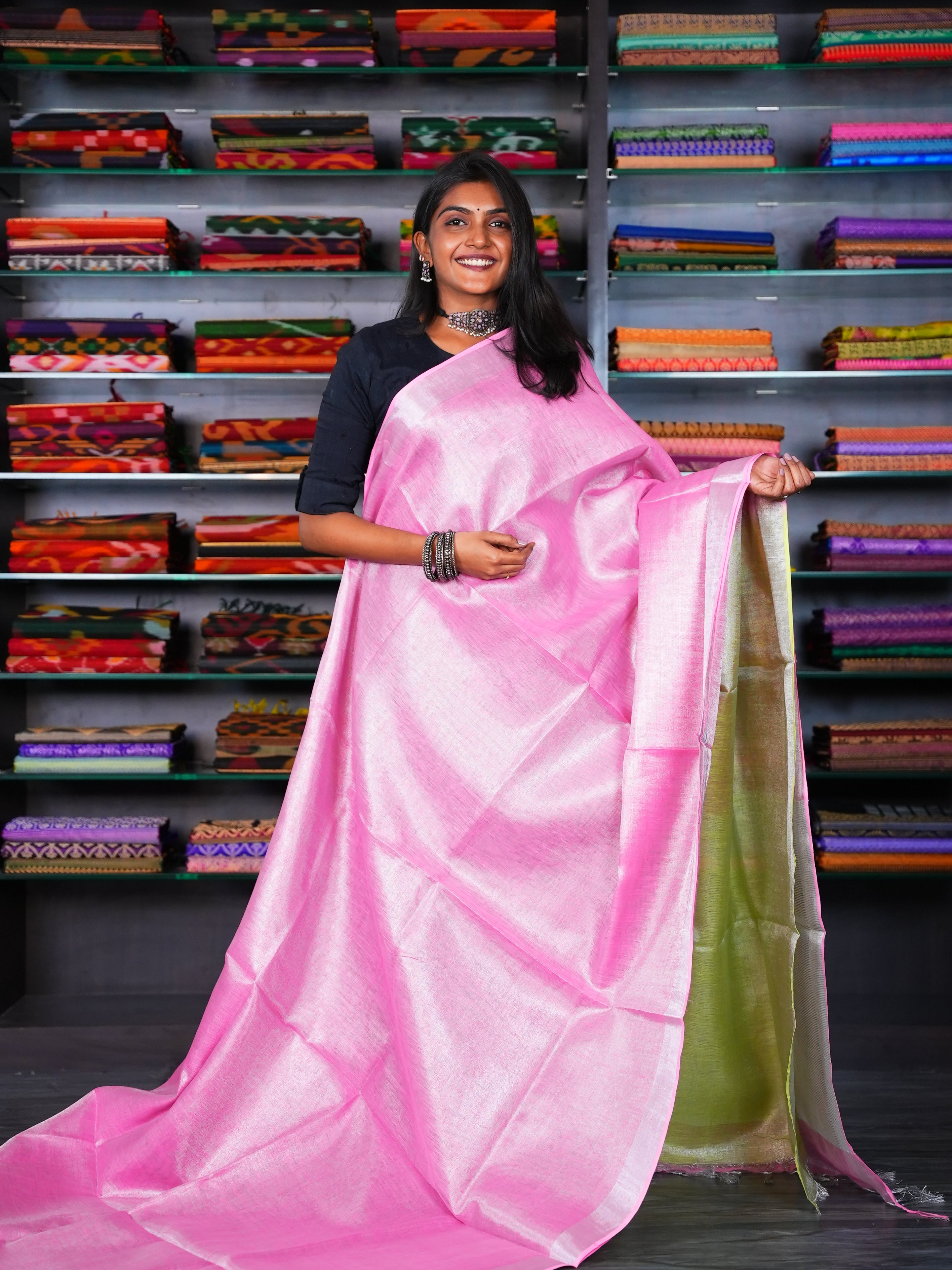 Pink & Green - Linen Saree - Shop on ShrusEternity.com
