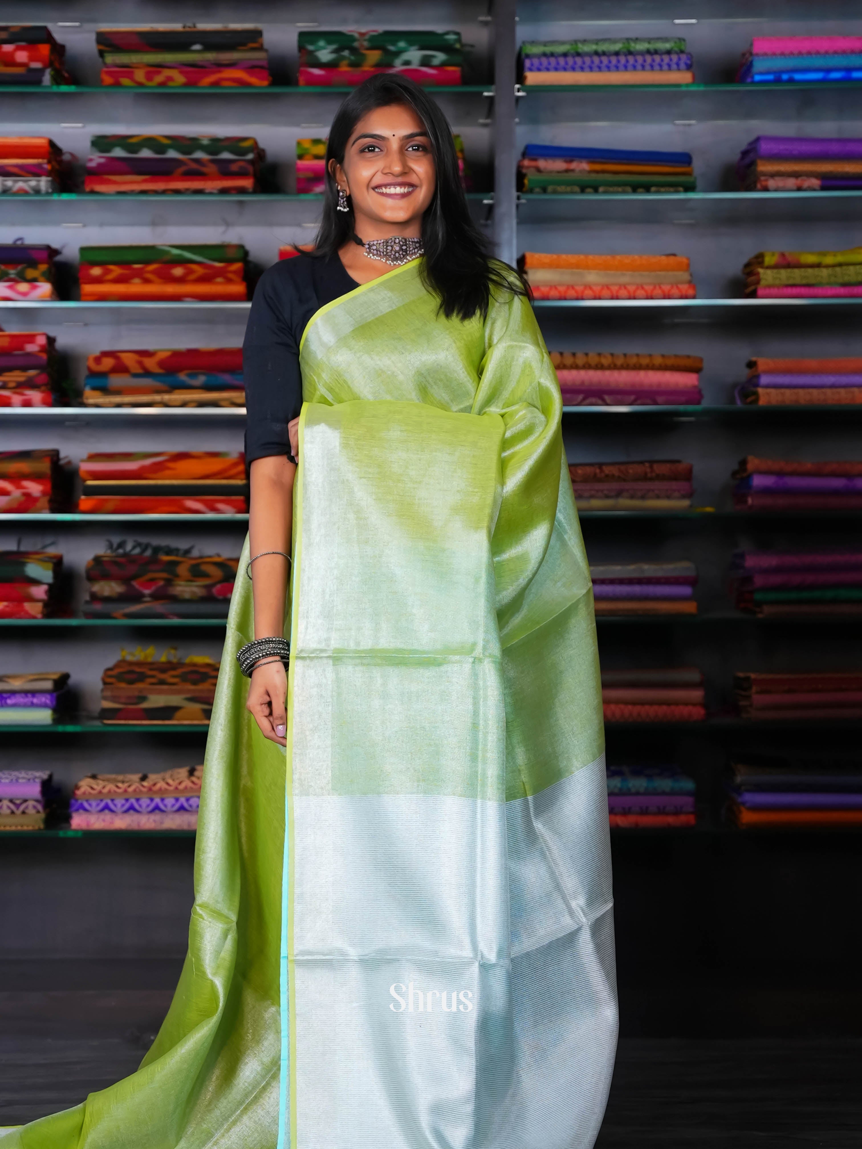 Green & Blue - Linen Saree - Shop on ShrusEternity.com