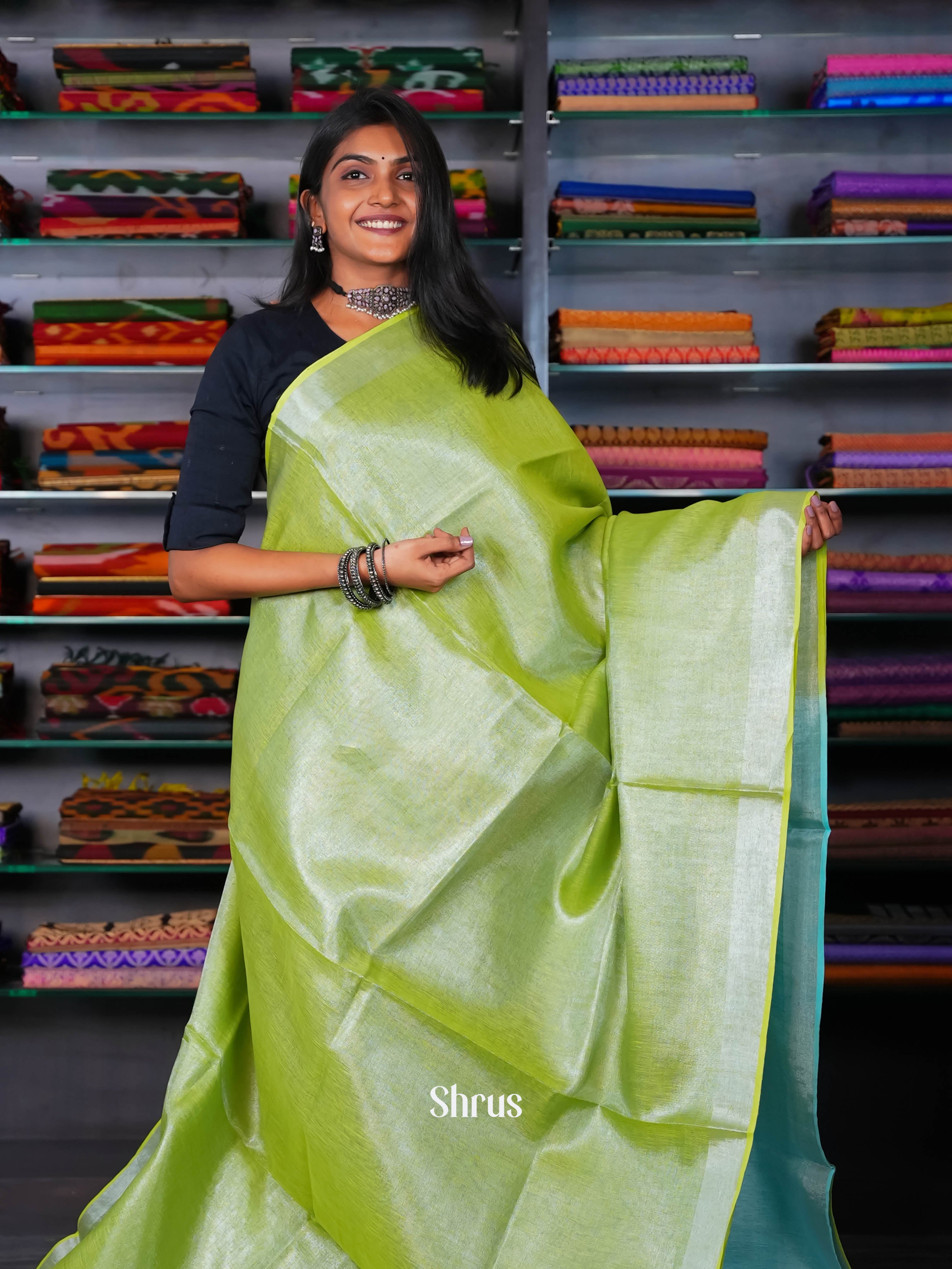 Green & Blue - Linen Saree - Shop on ShrusEternity.com