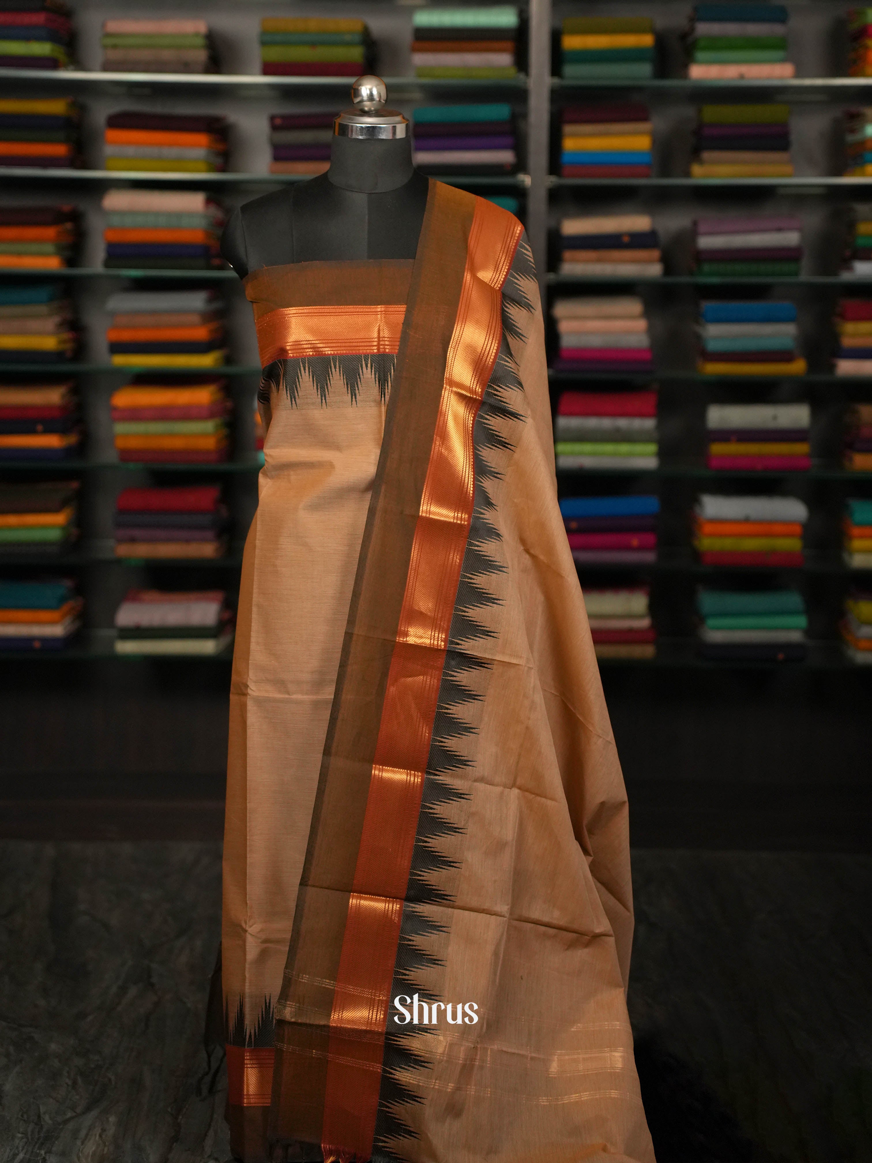 Light Brown & Brown - Chettinad Top & dupatta combo - Shop on ShrusEternity.com