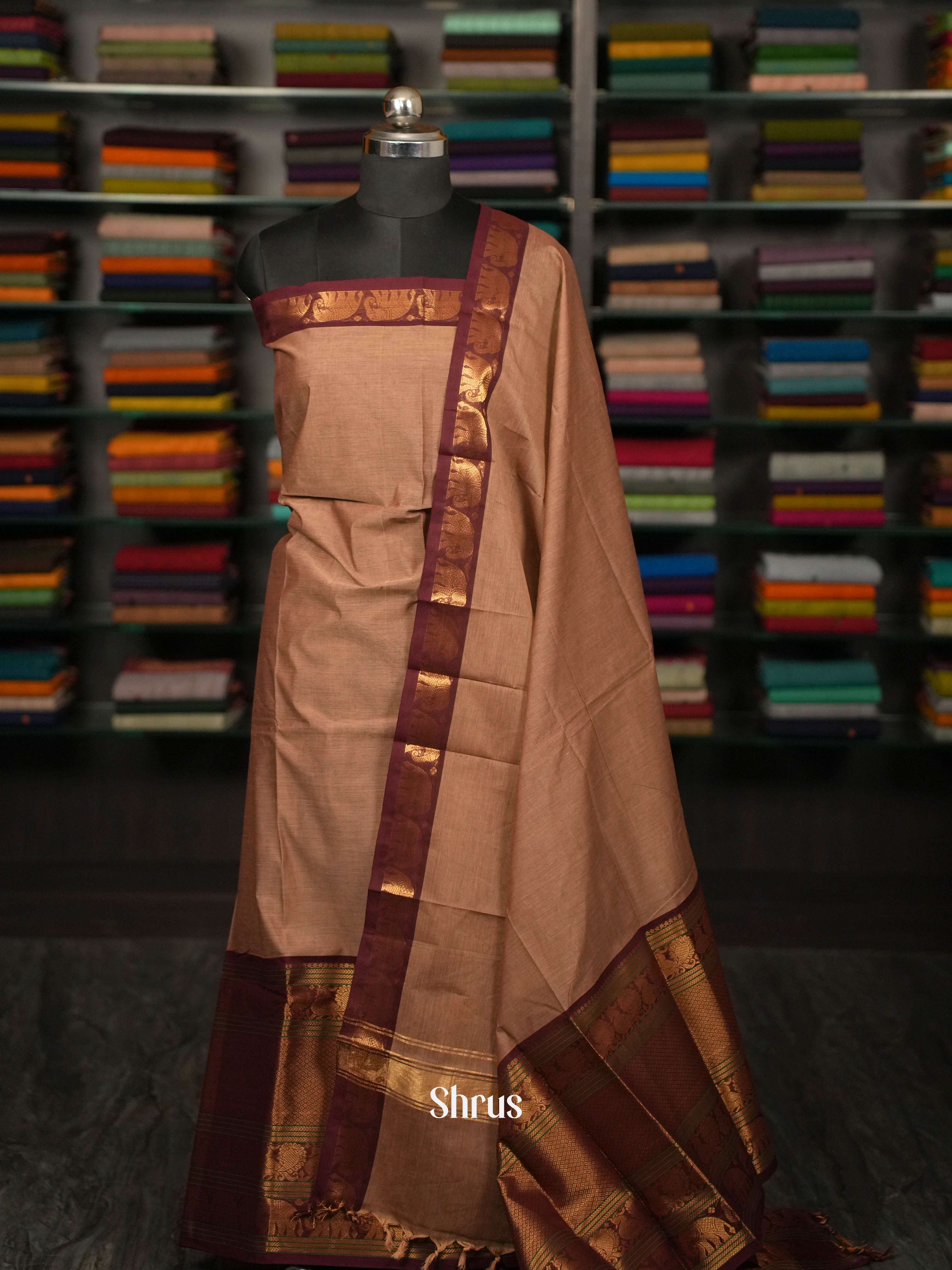 Lite Brown & Brown -Chettinad Cotton Unstitched Top & Dupatta - CHS23383 - Shop on ShrusEternity.com