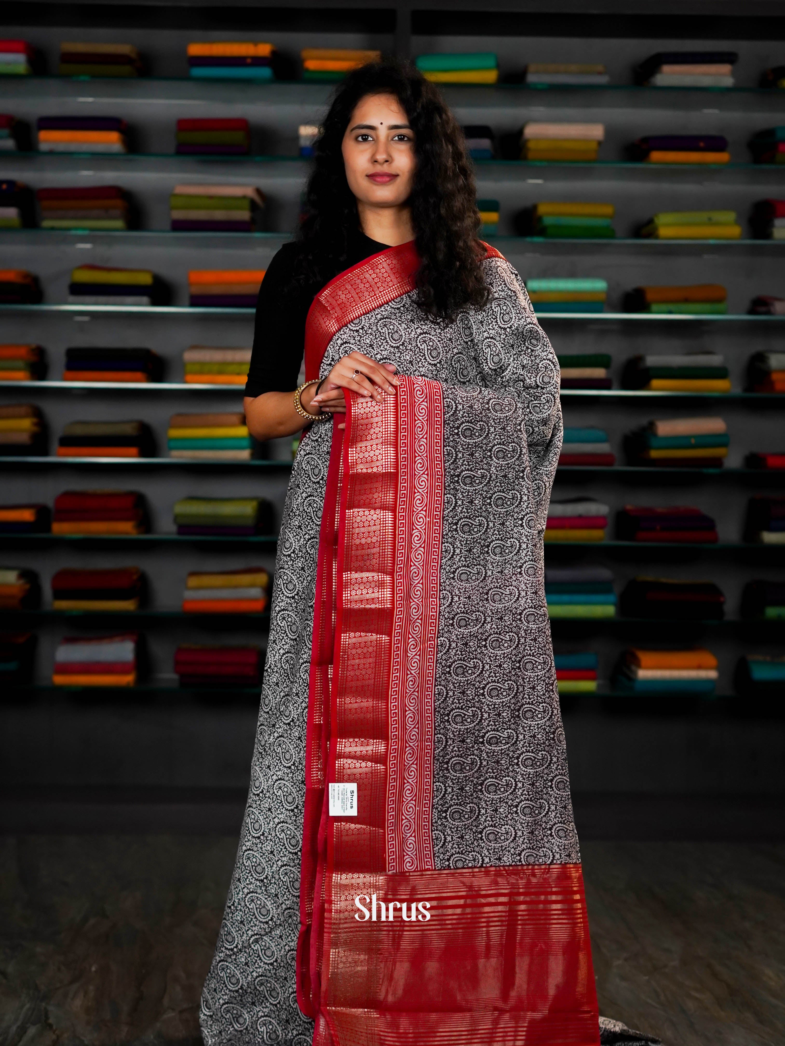 Creamy Black & Red - Art Modal Saree - Shop on ShrusEternity.com