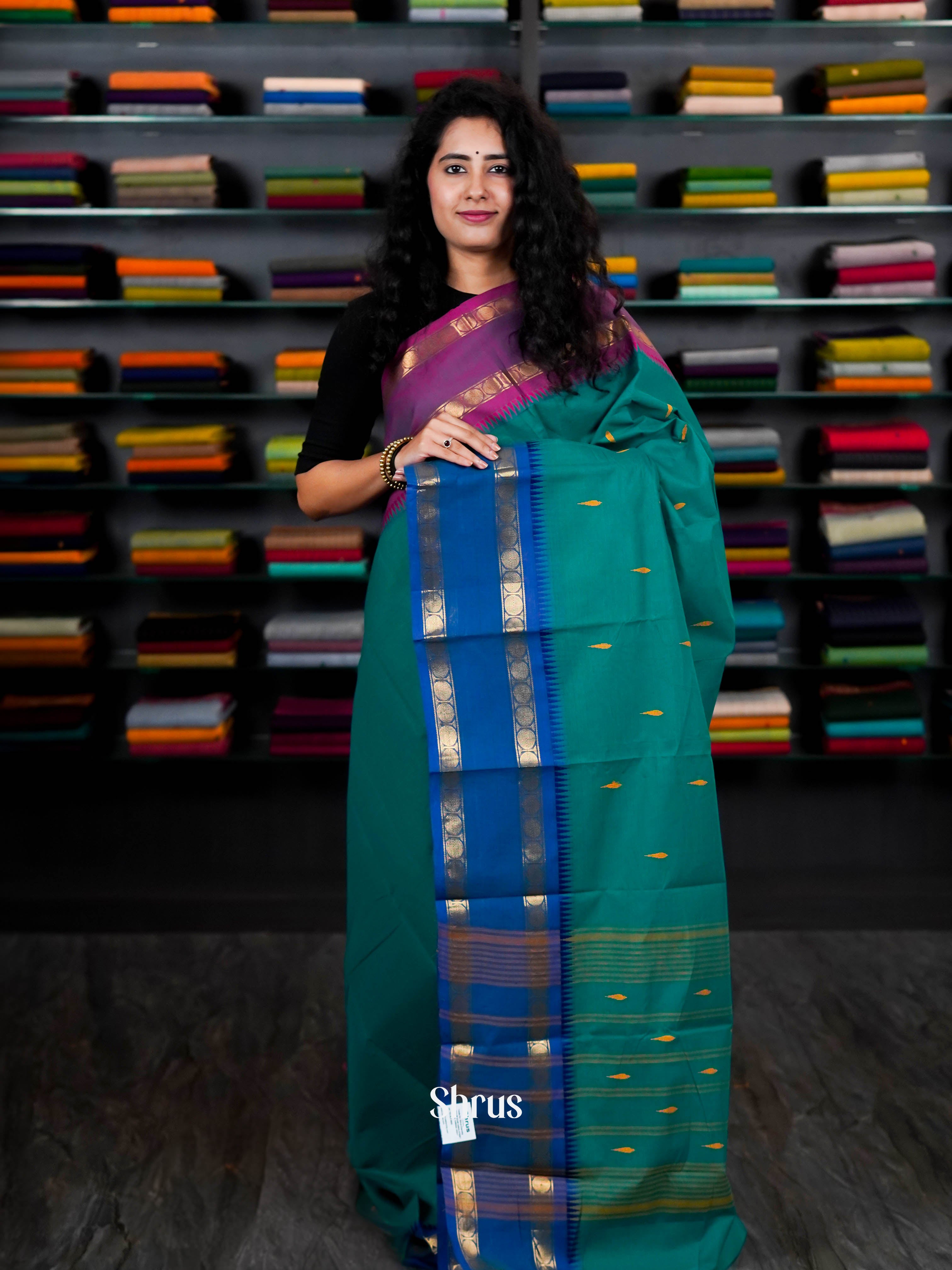 Teal & Blue - Chettinad Cotton Saree - Shop on ShrusEternity.com