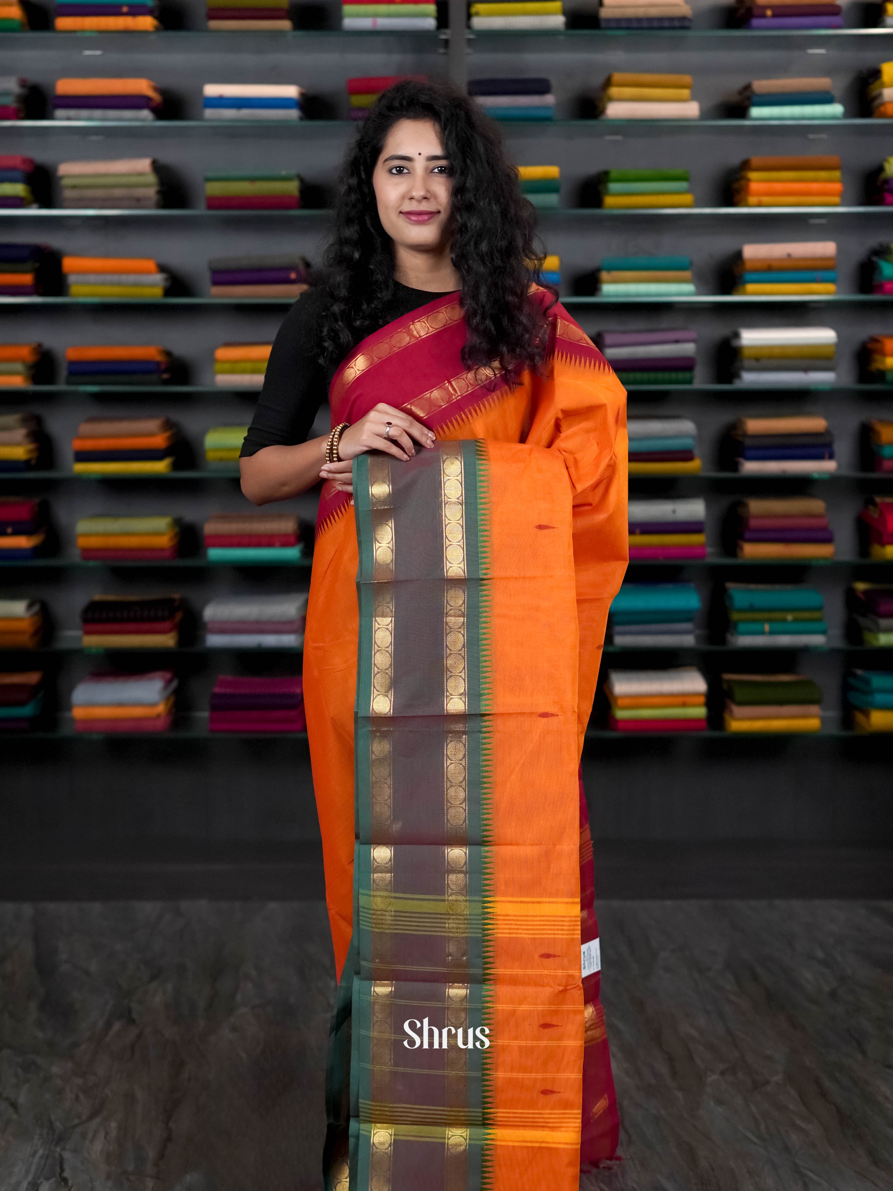Orange & Green - Chettinad Cotton Saree - Shop on ShrusEternity.com