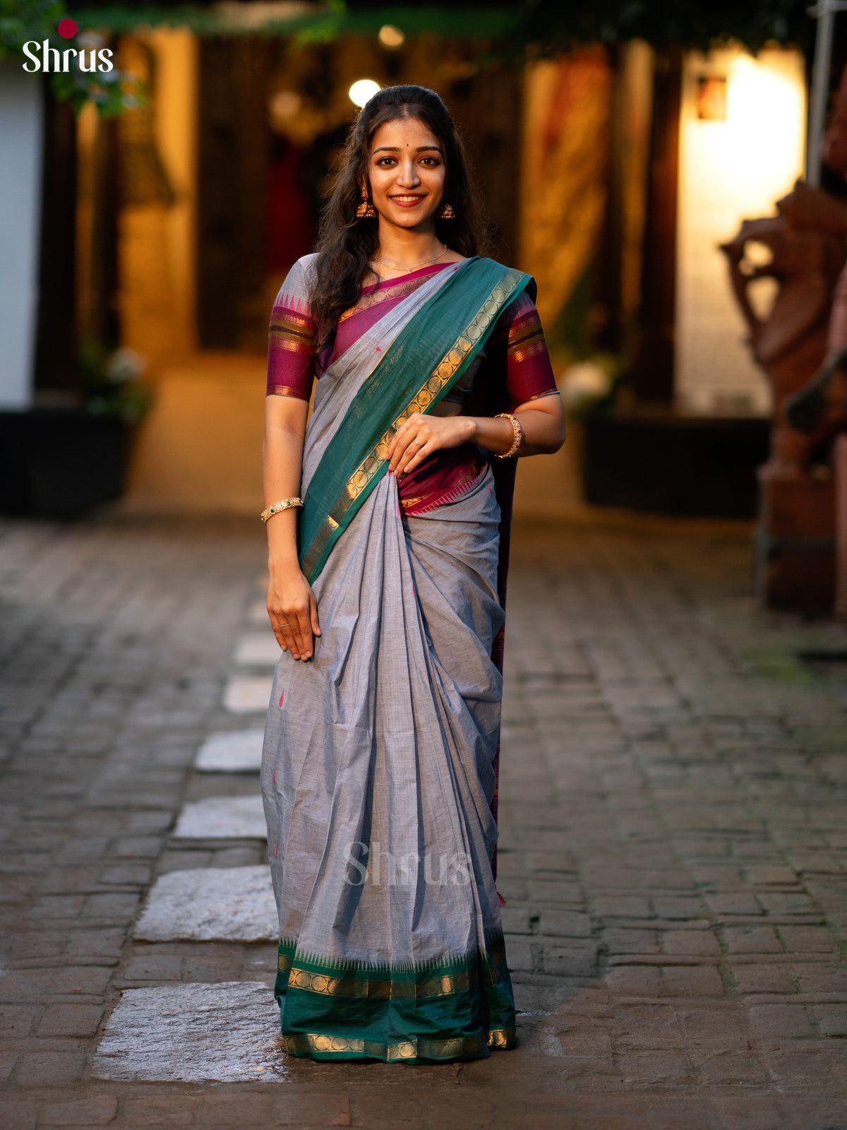Grey & Green- Chettinad Cotton saree - Shop on ShrusEternity.com