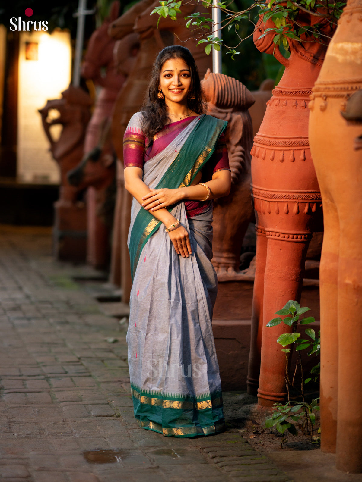 Grey & Green- Chettinad Cotton saree - Shop on ShrusEternity.com