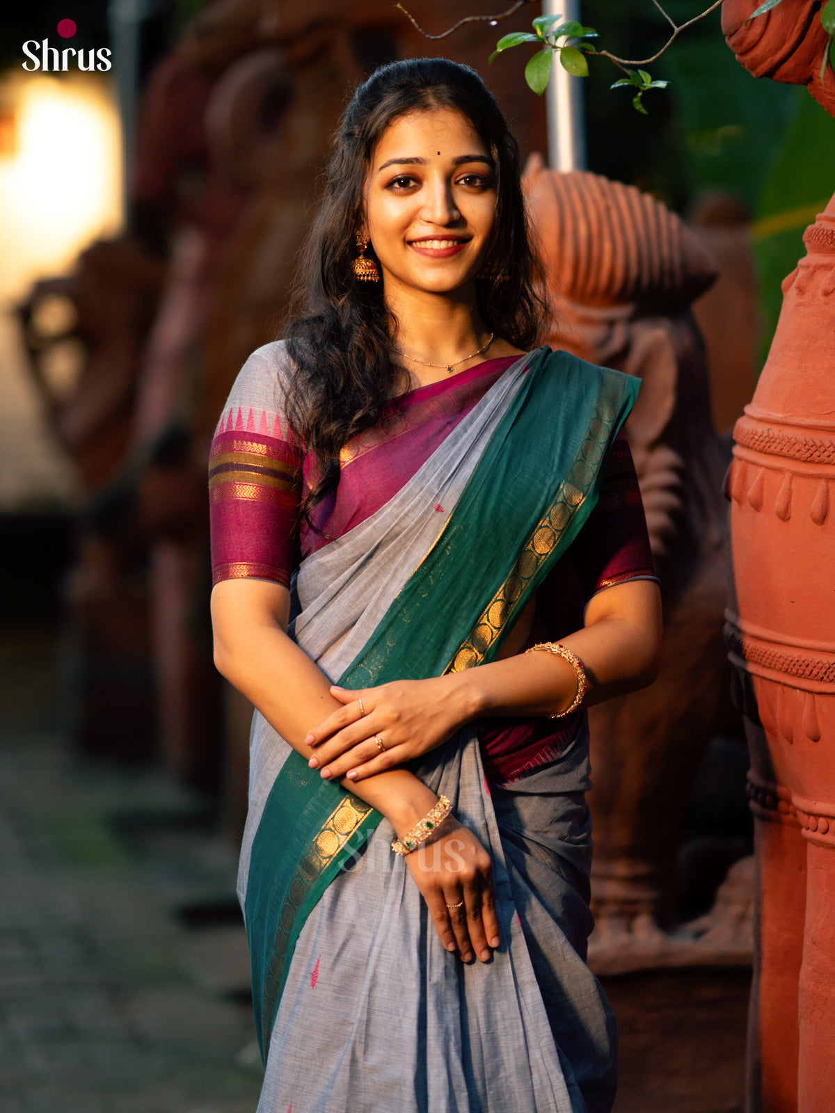 Grey & Green- Chettinad Cotton saree - Shop on ShrusEternity.com
