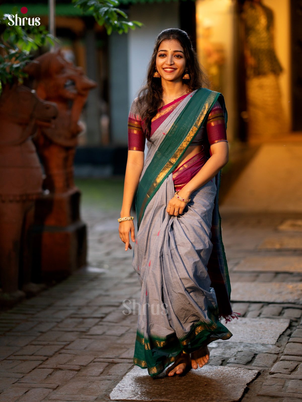 Grey & Green- Chettinad Cotton saree - Shop on ShrusEternity.com