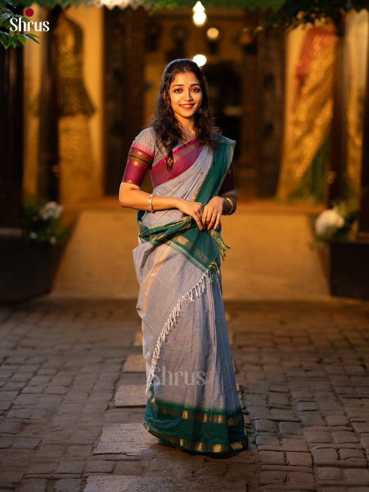 Grey & Green- Chettinad Cotton saree - Shop on ShrusEternity.com
