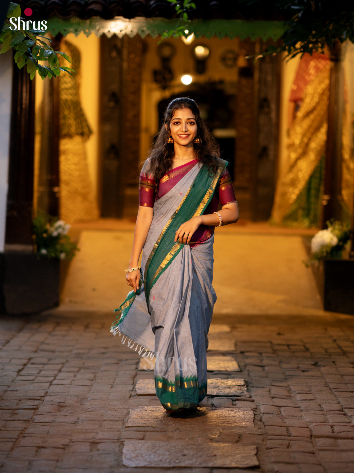 Grey & Green- Chettinad Cotton saree - Shop on ShrusEternity.com